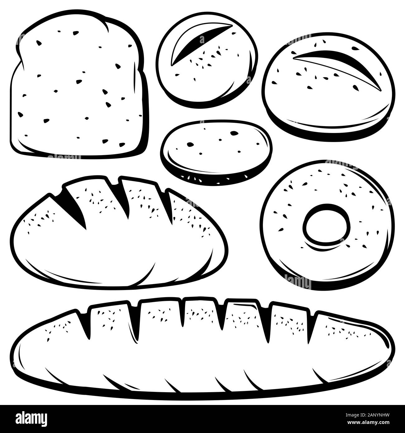Collezione di pane bianco e nero di diversi tipi. Foto Stock