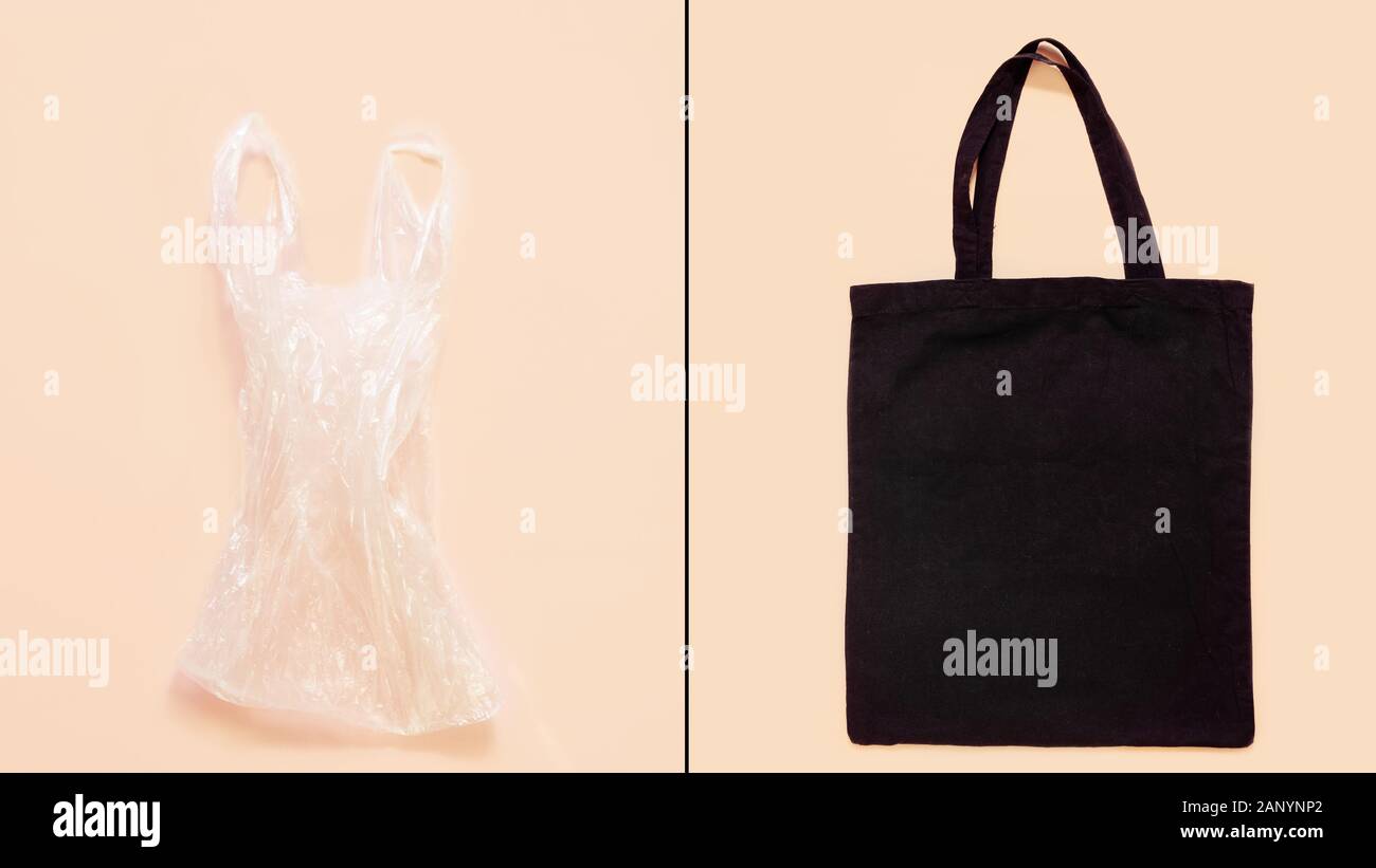 ban plastica. sacchetto di plastica vs eco naturale sacchetto riutilizzabile per lo shopping Foto Stock