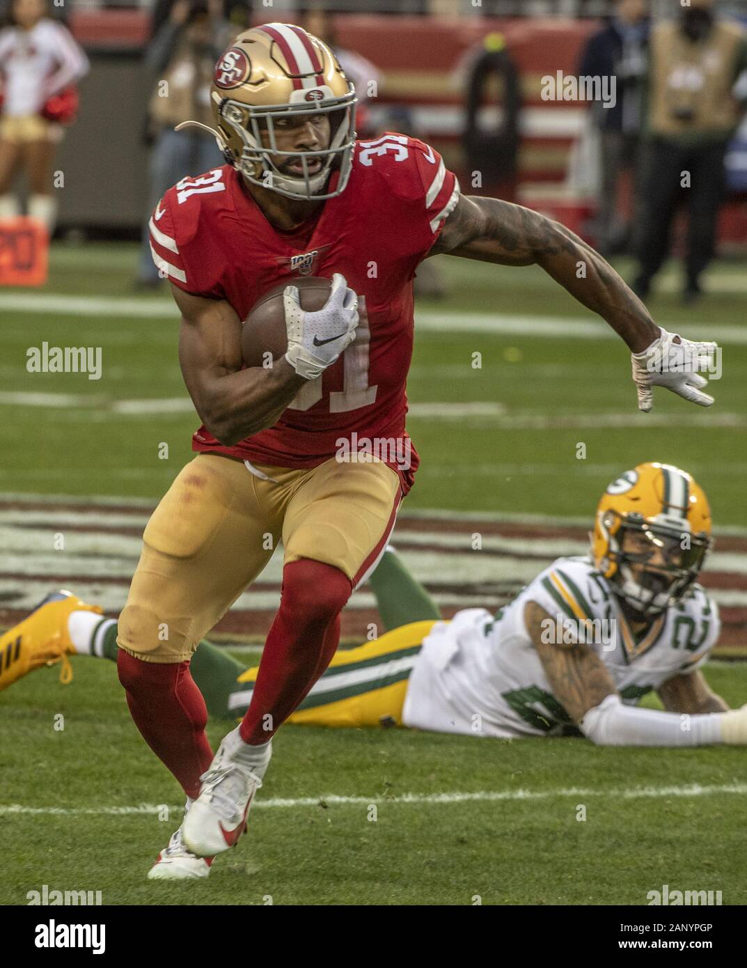 Santa Clara, California, USA. Xix gen, 2020. San Francisco 49ers running back Raheem Mostert (31) Domenica, 19 gennaio 2020, a Levis Stadium di Santa Clara, California. Il 49ers sconfitto gli imballatori 37-20 nella NFC playoff Campionato di gioco. Credito: Al di Golub/ZUMA filo/Alamy Live News Foto Stock