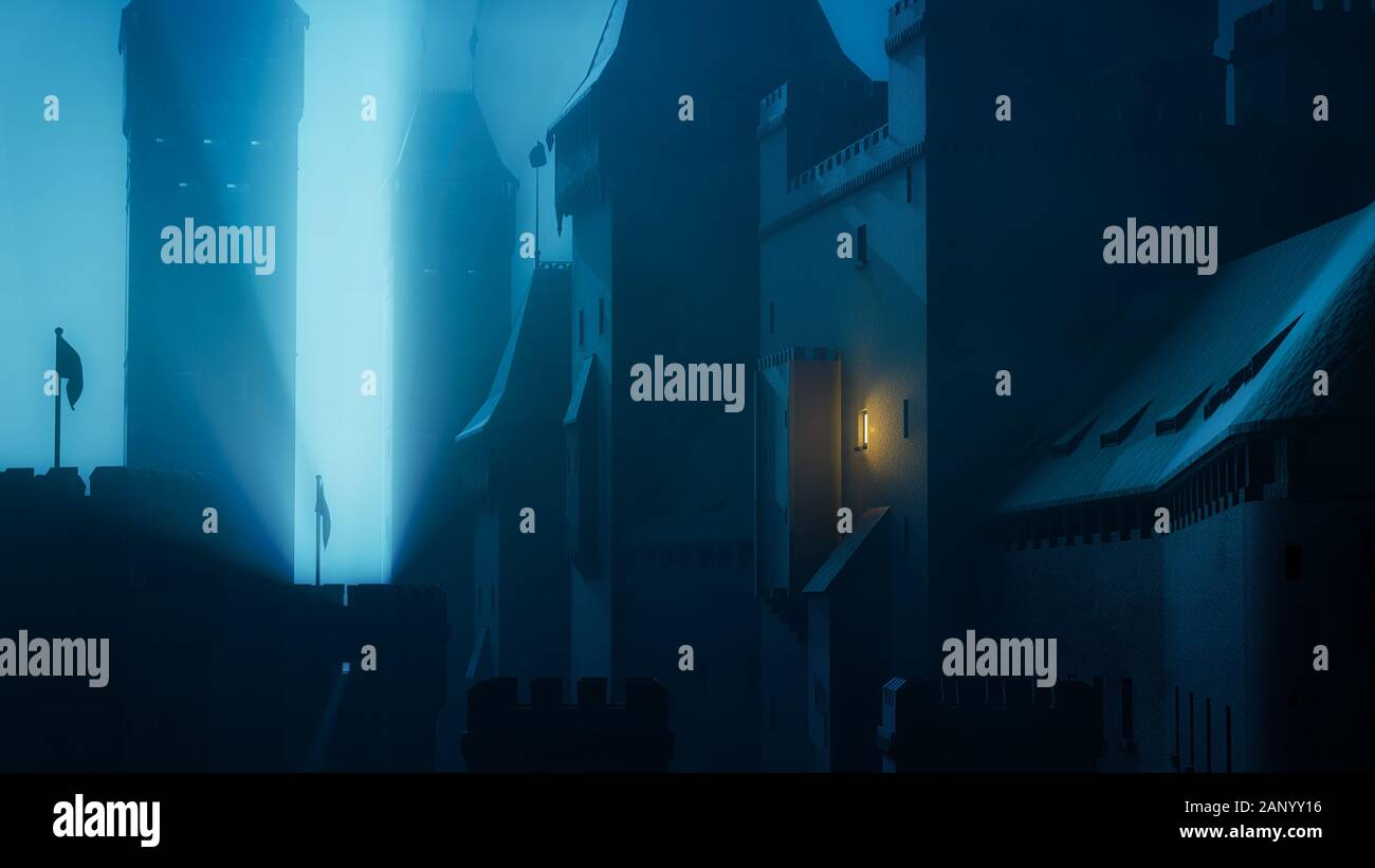 Il vecchio castello misterioso nel profondo blu notte. Storia fortezza sotto la nebbia di umore. 3D'illustrazione. Foto Stock