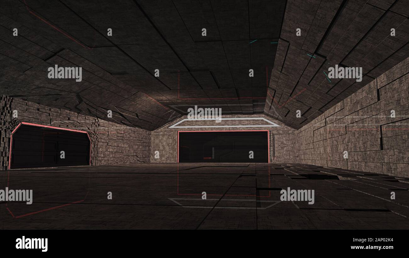 Sci-Fi spazio interno Hangar stazione 3D illustrazione Foto Stock