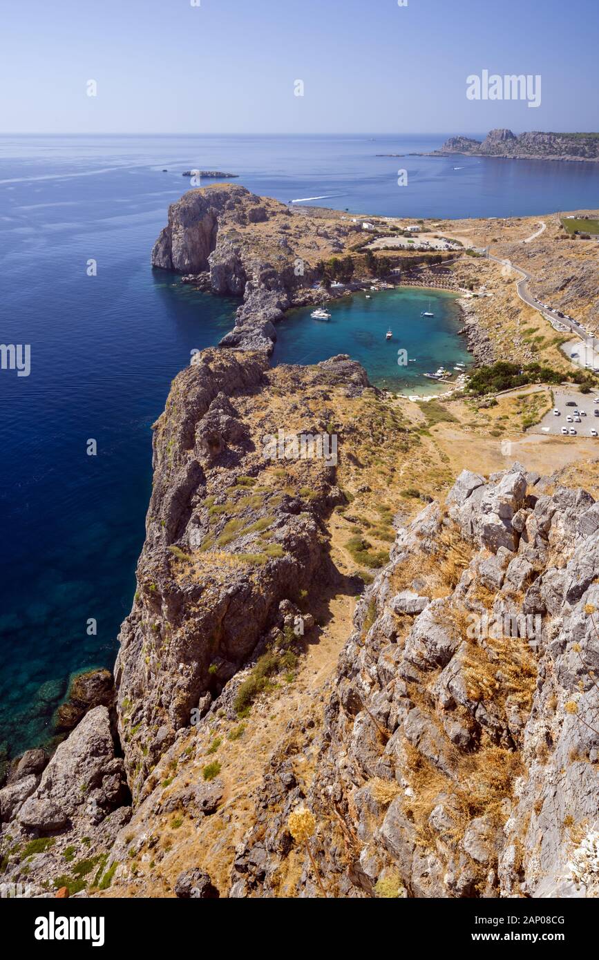 St Paul Bay, panoramica dall' Acropoli di Lindos, Rodi, Grecia Foto Stock