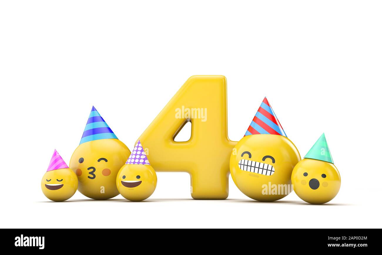 Numero 4 gli Emoji festa di compleanno celebrazione. 3D Render Foto Stock