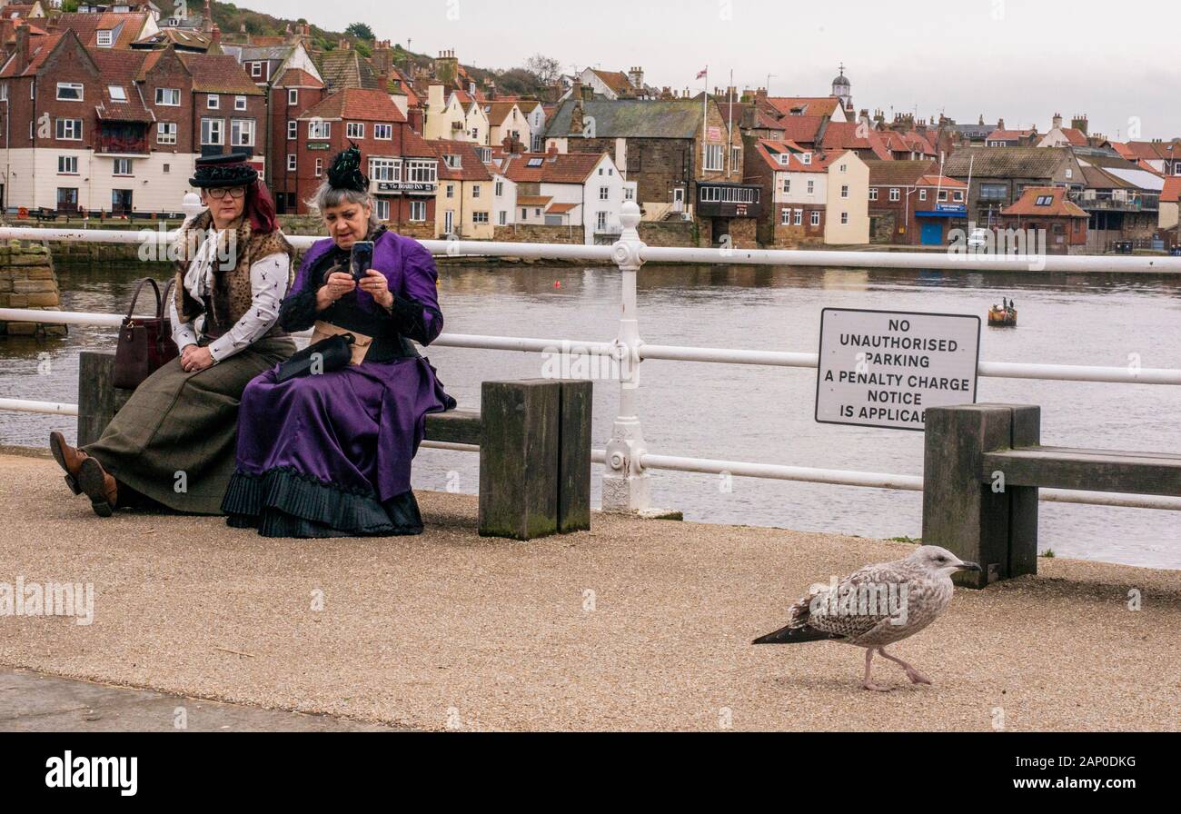Due donne nei tradizionali costumi di Goth tenendo fotografia di seagull a Whitby Goth Festival Weekend a Whitby nel North Yorkshire. Foto Stock