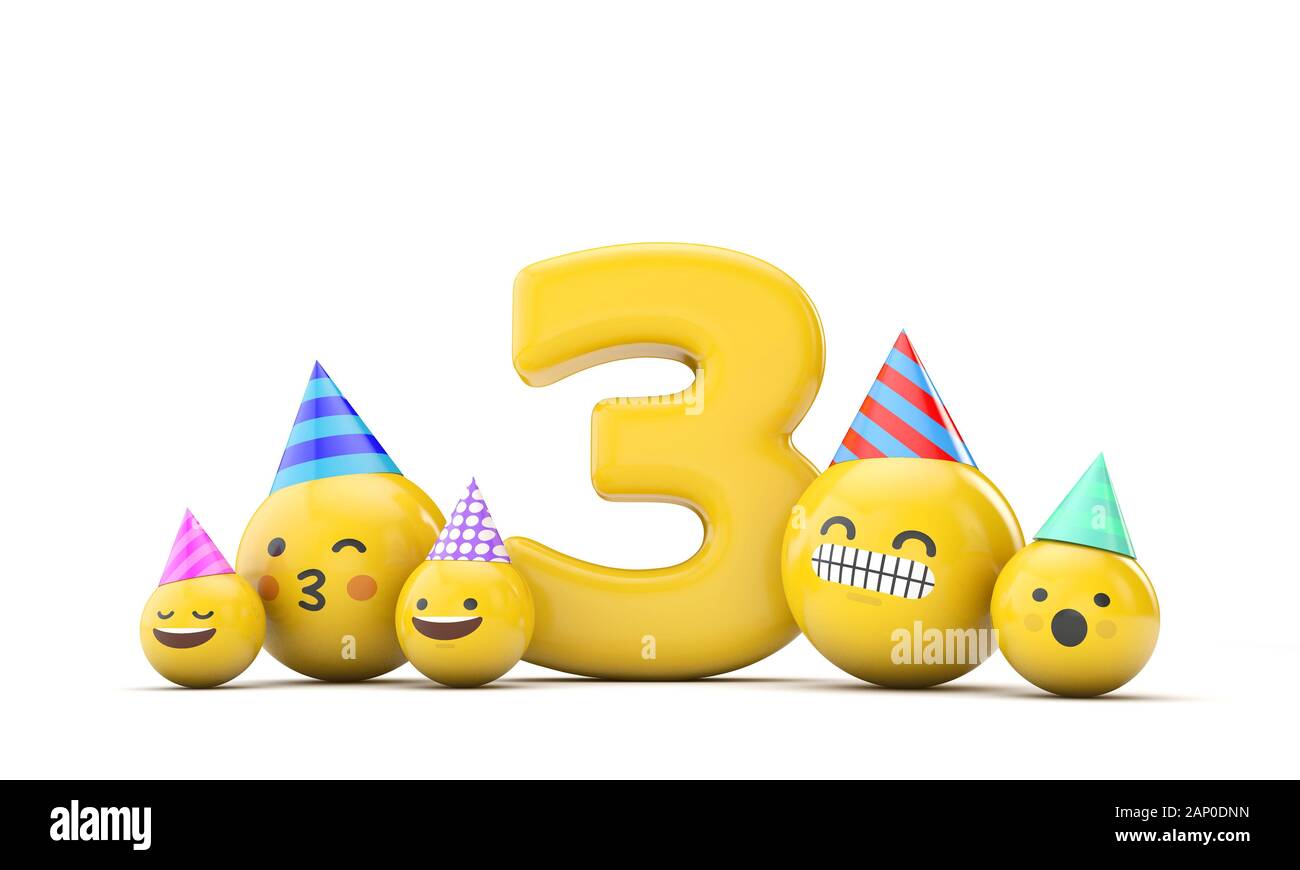 Numero 3 gli Emoji festa di compleanno celebrazione. 3D Render Foto Stock