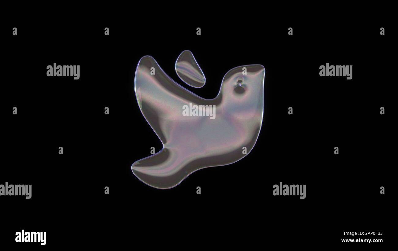 3D rendering della distorsione del trasparente bolla di sapone nella forma del simbolo di uccello da profilo isolato su sfondo nero Foto Stock