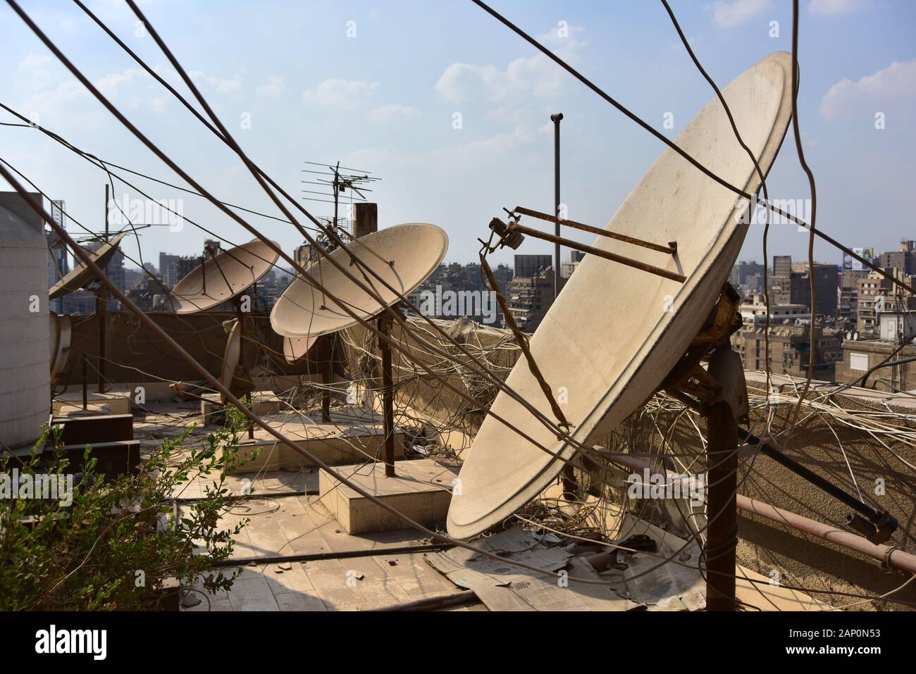 Le antenne paraboliche per la ricezione di programmi televisivi su un grattacielo nel distretto del Cairo di Mohandessin, adottate il 13 giugno 2019. Non è pensabile di inserire una famiglia araba dove non c'è la televisione, la maggior parte del tempo la TV anche di eseguire per un giorno, la popolare serie di sapone e le notizie sono percepiti almeno en passant. Foto: Matthias Todt/dpa-Zentralbild/ZB/Picture Alliance | Utilizzo di tutto il mondo Foto Stock