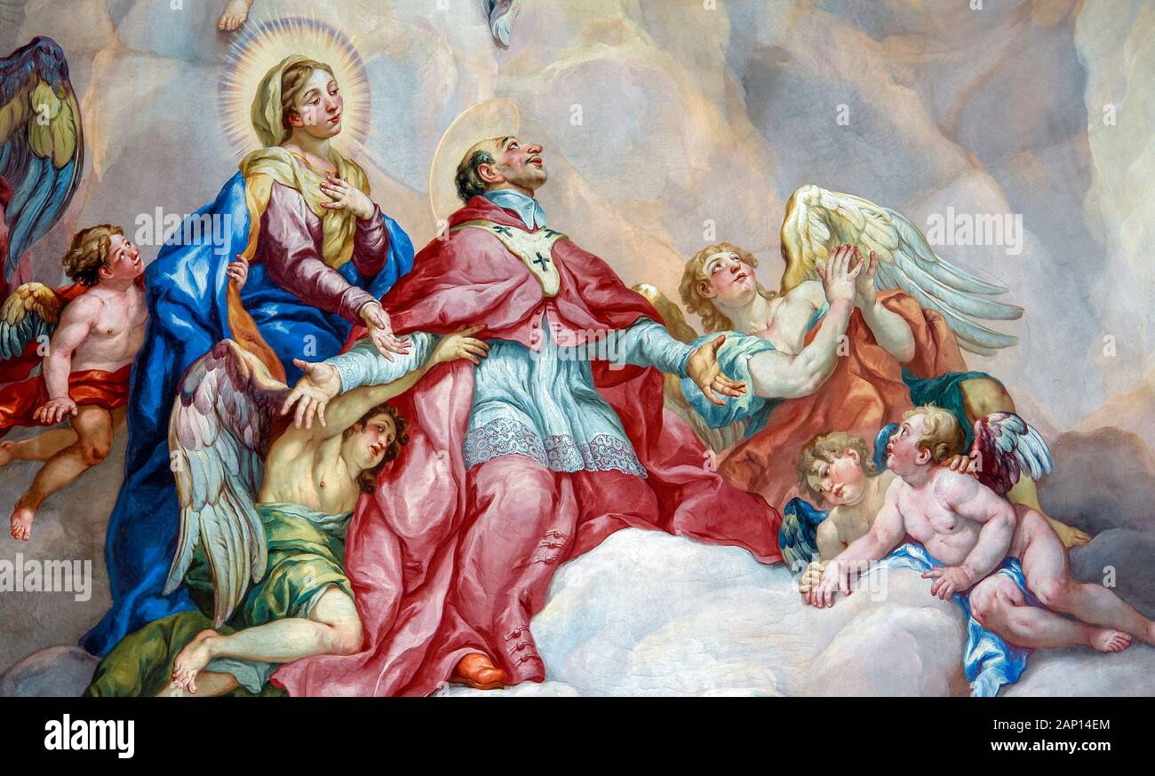 Di Johann Michael Rottmayr, Rottmayr Fresco, per intercessione di san Carlo Borromeo supportato dalla Vergine Maria, 1714 Foto Stock