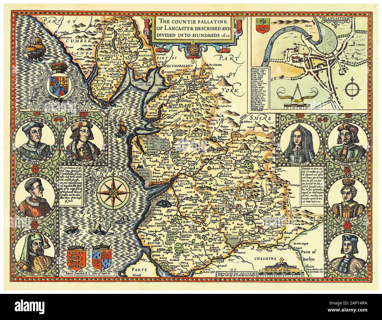 Vecchio Vintage map della contea del Lancashire, Inghilterra, Regno Unito, inizio XVII secolo illustrazione, 1610 Foto Stock