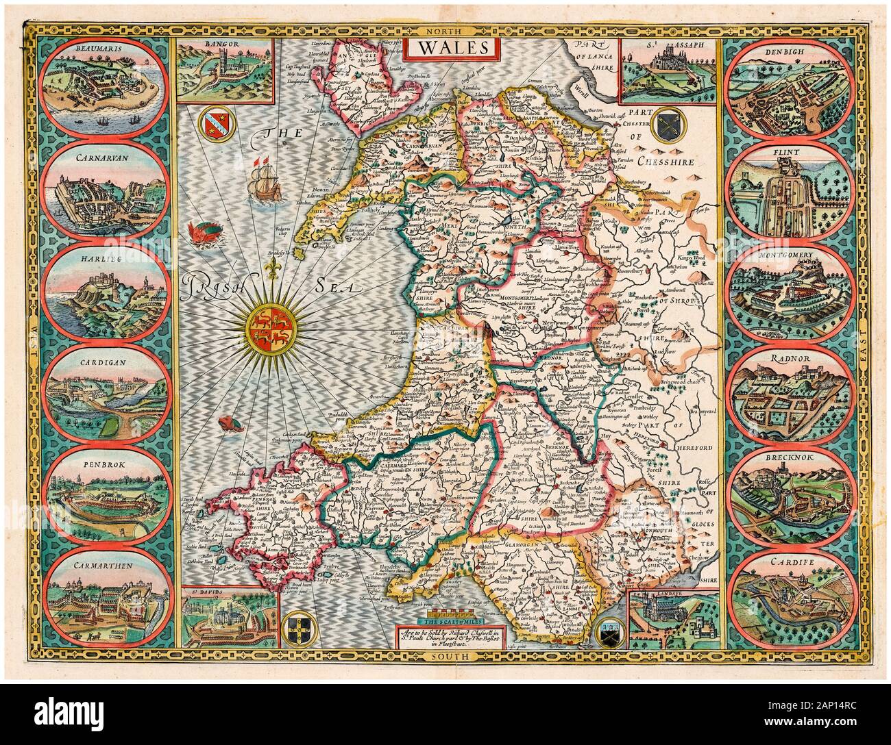 Vecchio vintage Map del Galles, all'inizio del XVII secolo, illustrazione di John velocità, 1610 Foto Stock