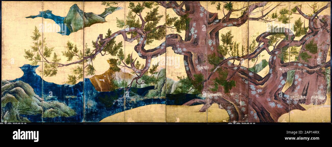 Kanō Eitoku, Cipressi, (otto ripiegato sullo schermo), l'arte giapponese, pittura, circa 1590 Foto Stock