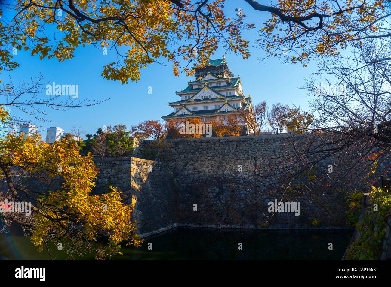 Paesaggio del Castello di Osaka in autunno, Long Shot, Vista del livello degli occhi Foto Stock