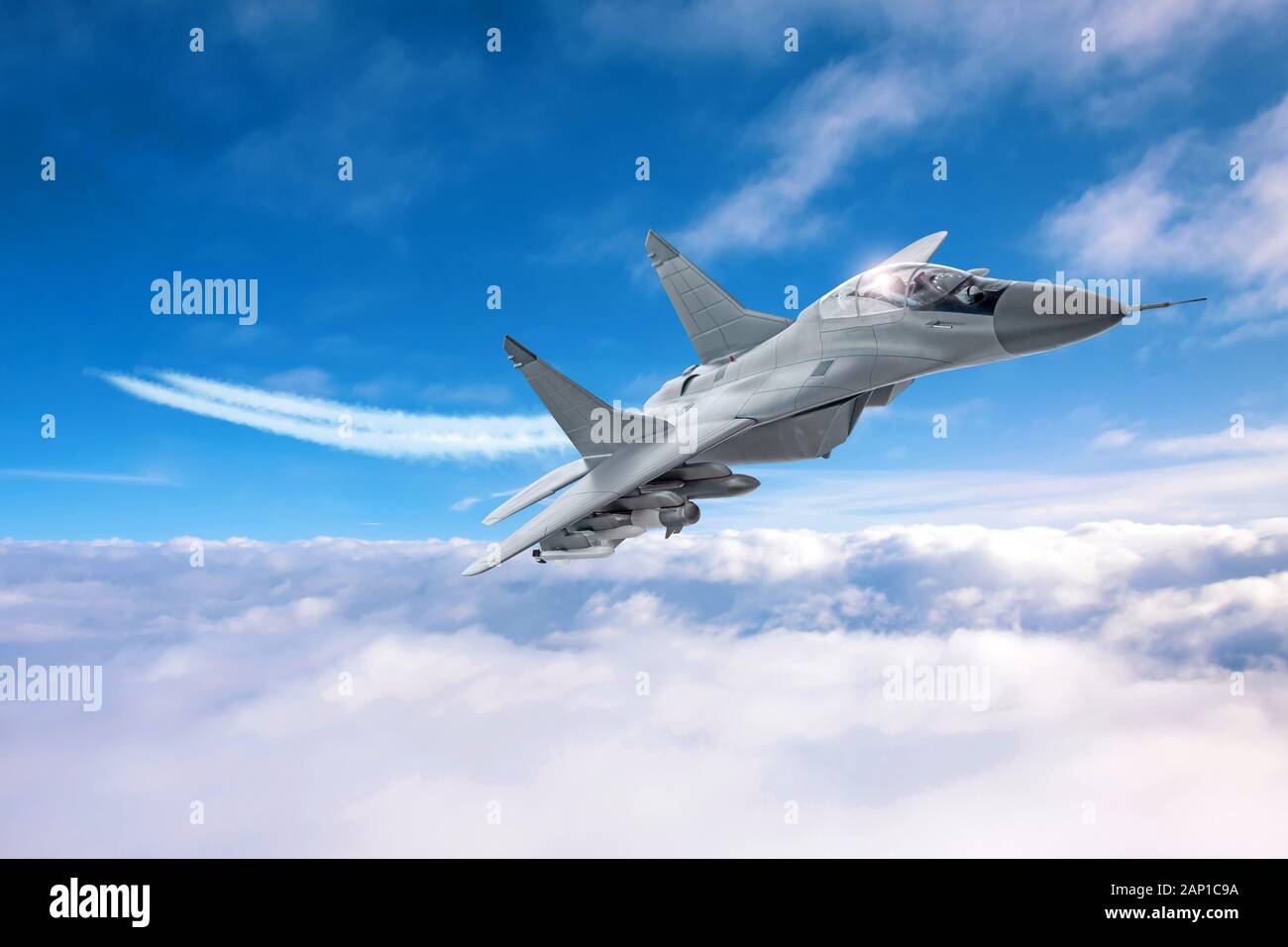Aereo militare mosche di velocità con un treno di fumo basso al di sopra delle nuvole Foto Stock