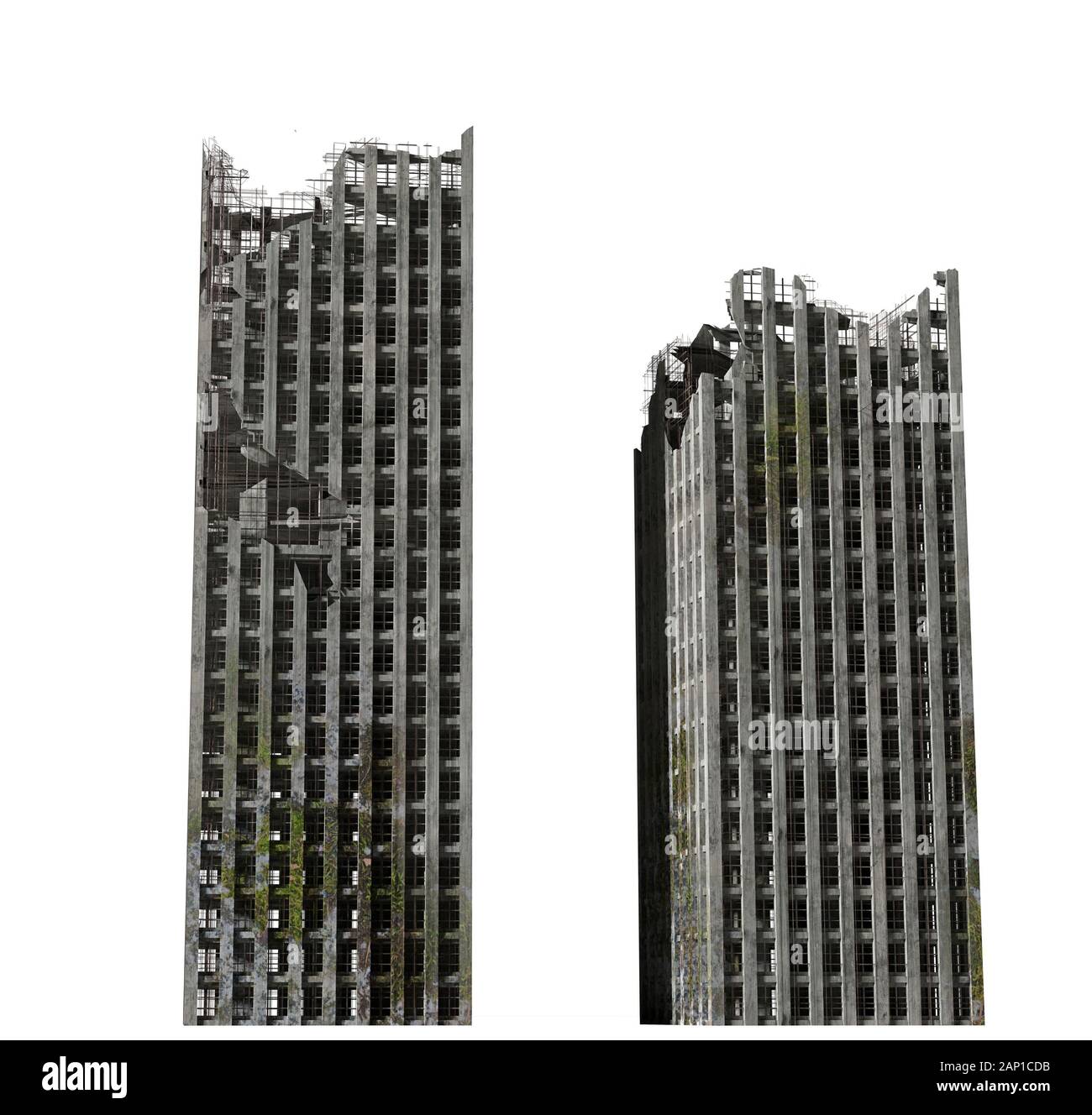 Due grattacielo in rovina, dystopic alti edifici isolati su sfondo bianco Foto Stock