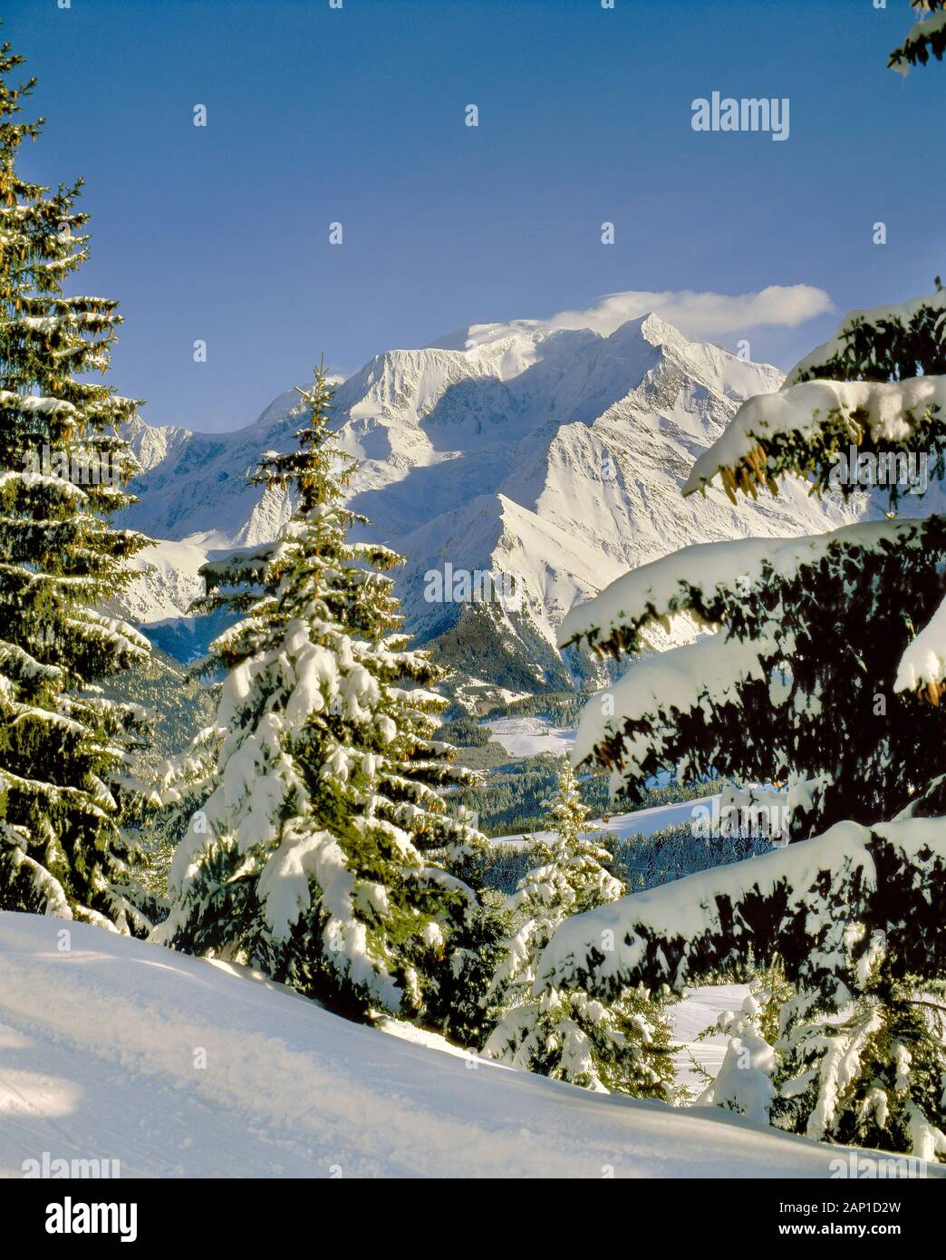 Mont Blanc visto dal Mont D'Arbois sopra St. Gervais les Bains e Megeve, alta Savoia, Francia. Foto Stock
