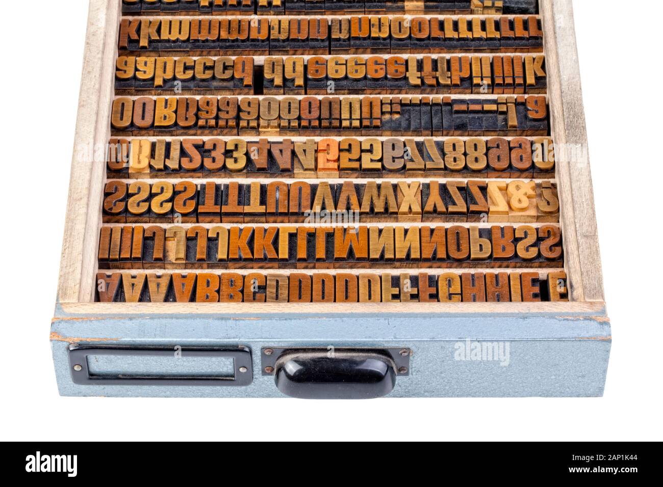 Lettere in un tipo di caso il blocco lettere fatte di legno Foto Stock