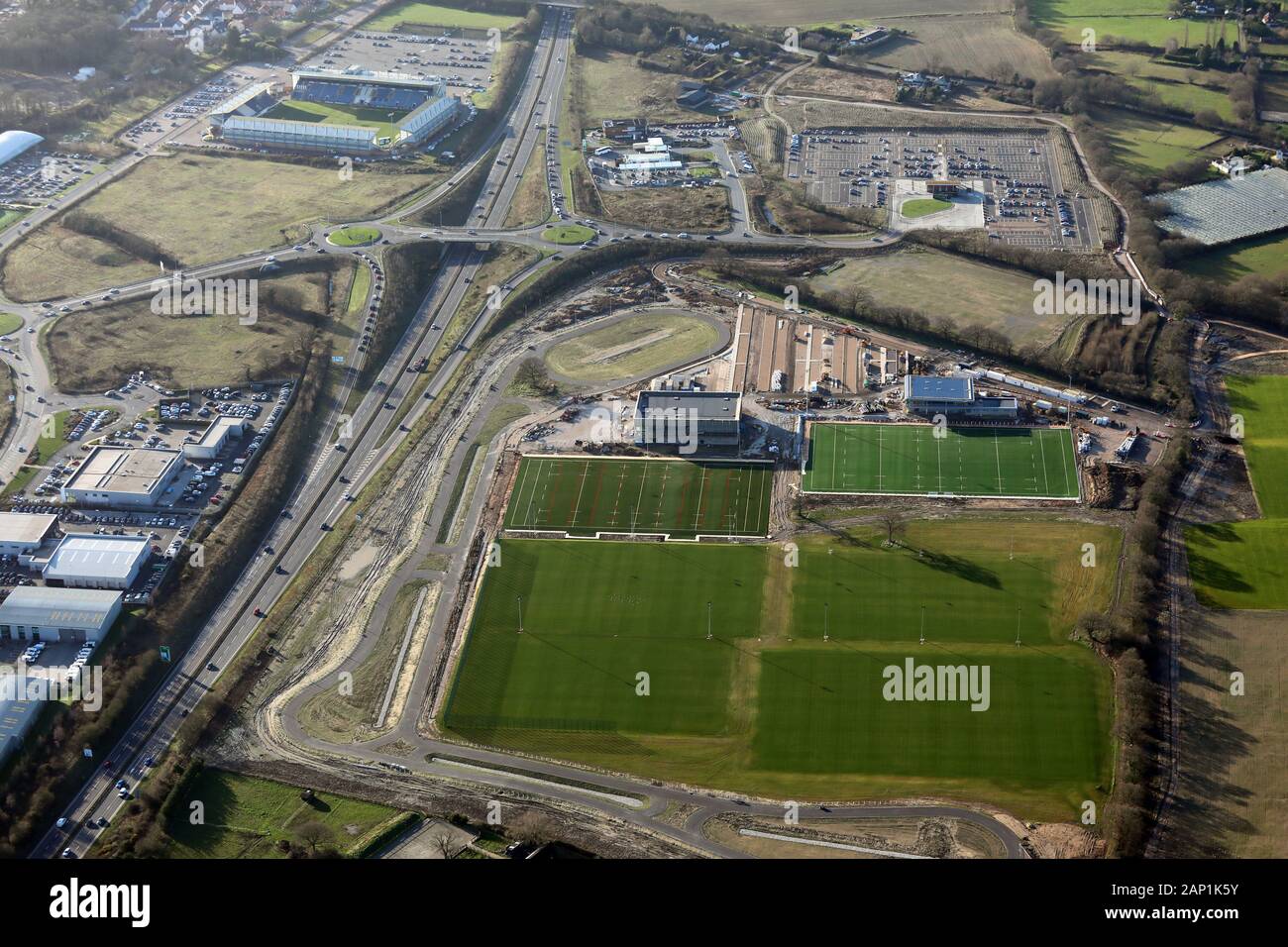 Vista aerea di Colchester United football ground, Essex Foto Stock