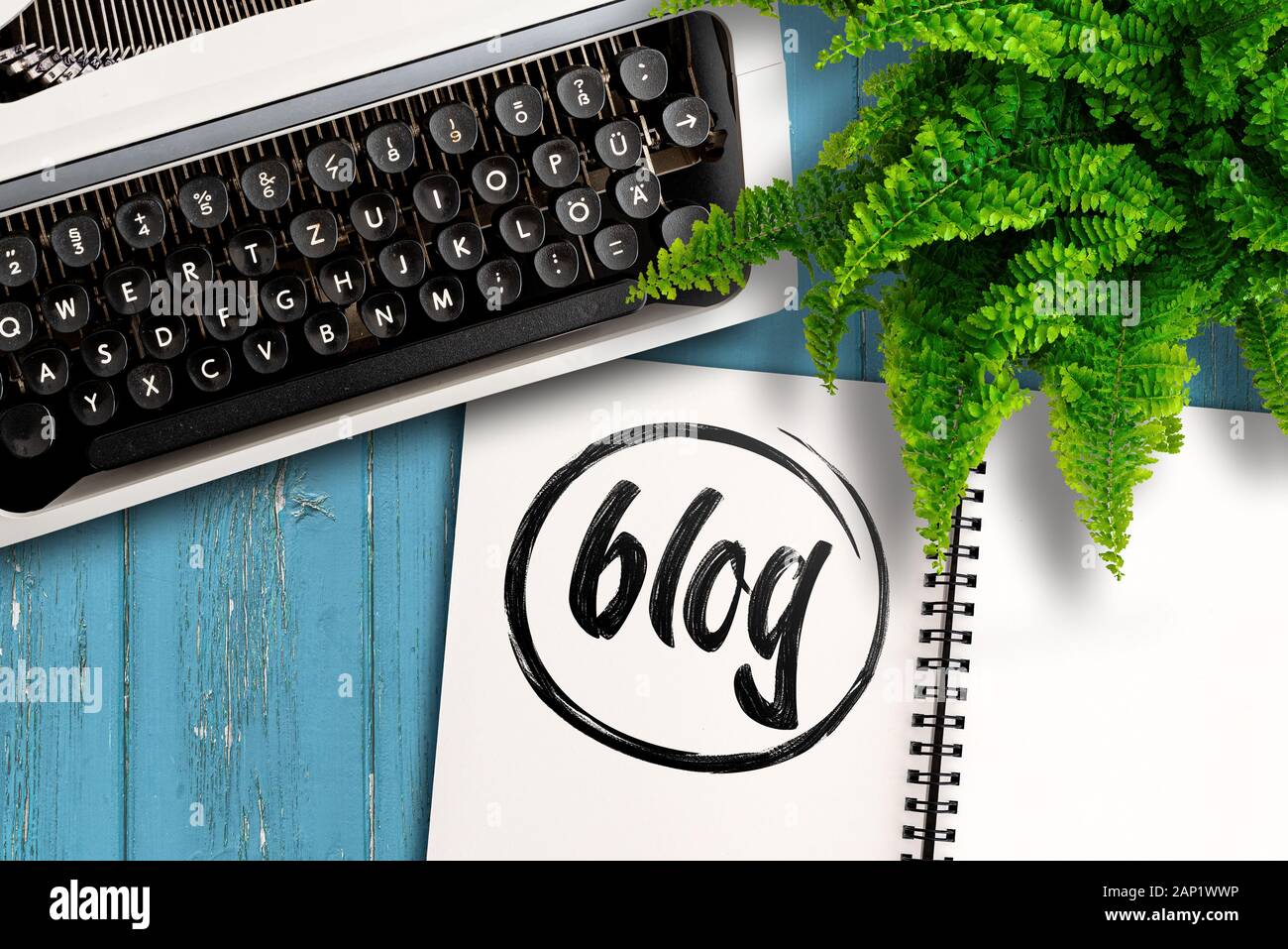 Il concetto di blogging, vista dall'alto della vecchia macchina da scrivere, pianta in vaso e blocco note con la parola blog su tavola in legno Foto Stock