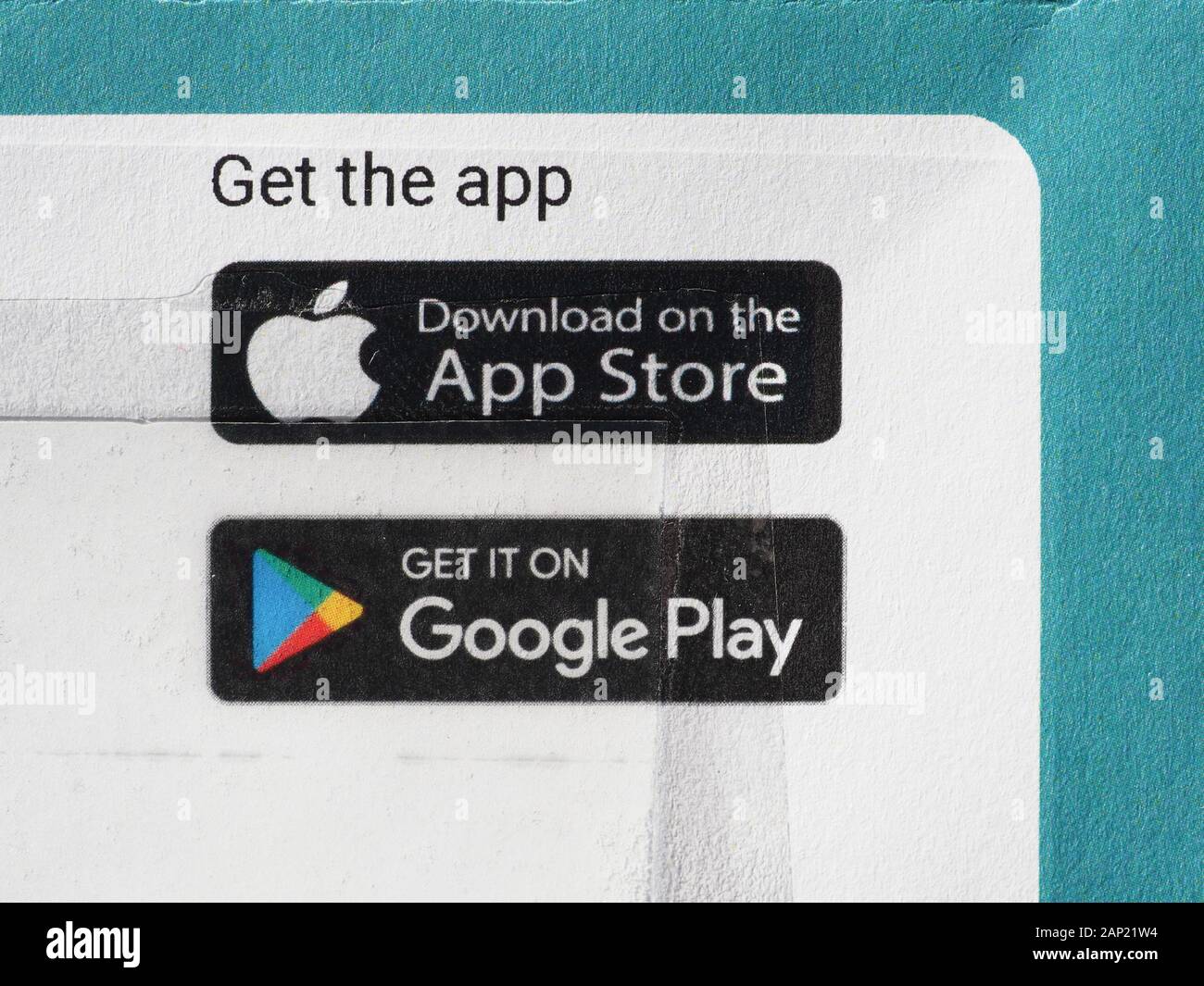 LONDON, Regno Unito - CIRCA NEL DICEMBRE 2019: scaricare l'app Apple Store o Google Play segno Foto Stock