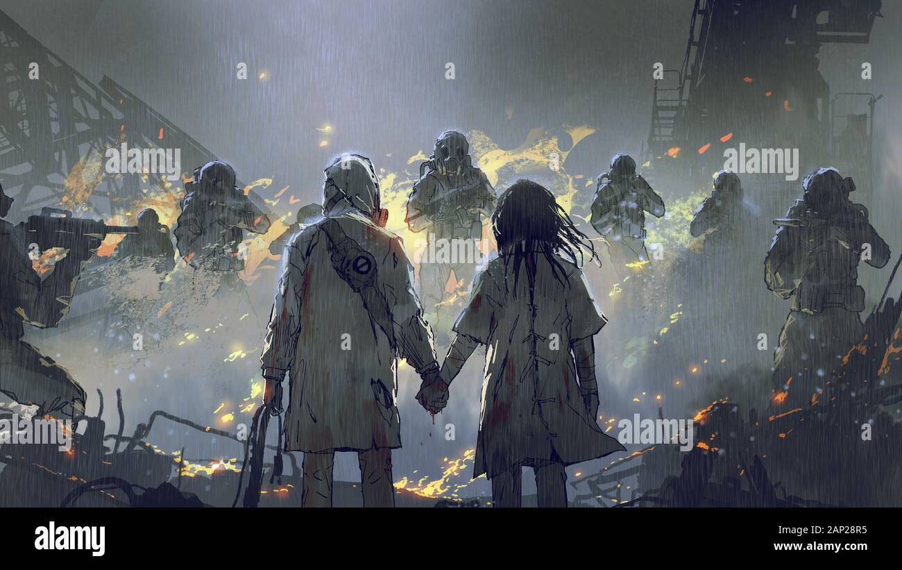 Gli amanti tenendo le mani guardando i soldati nella notte piovosa, arte digitale stile, illustrazione pittura Foto Stock