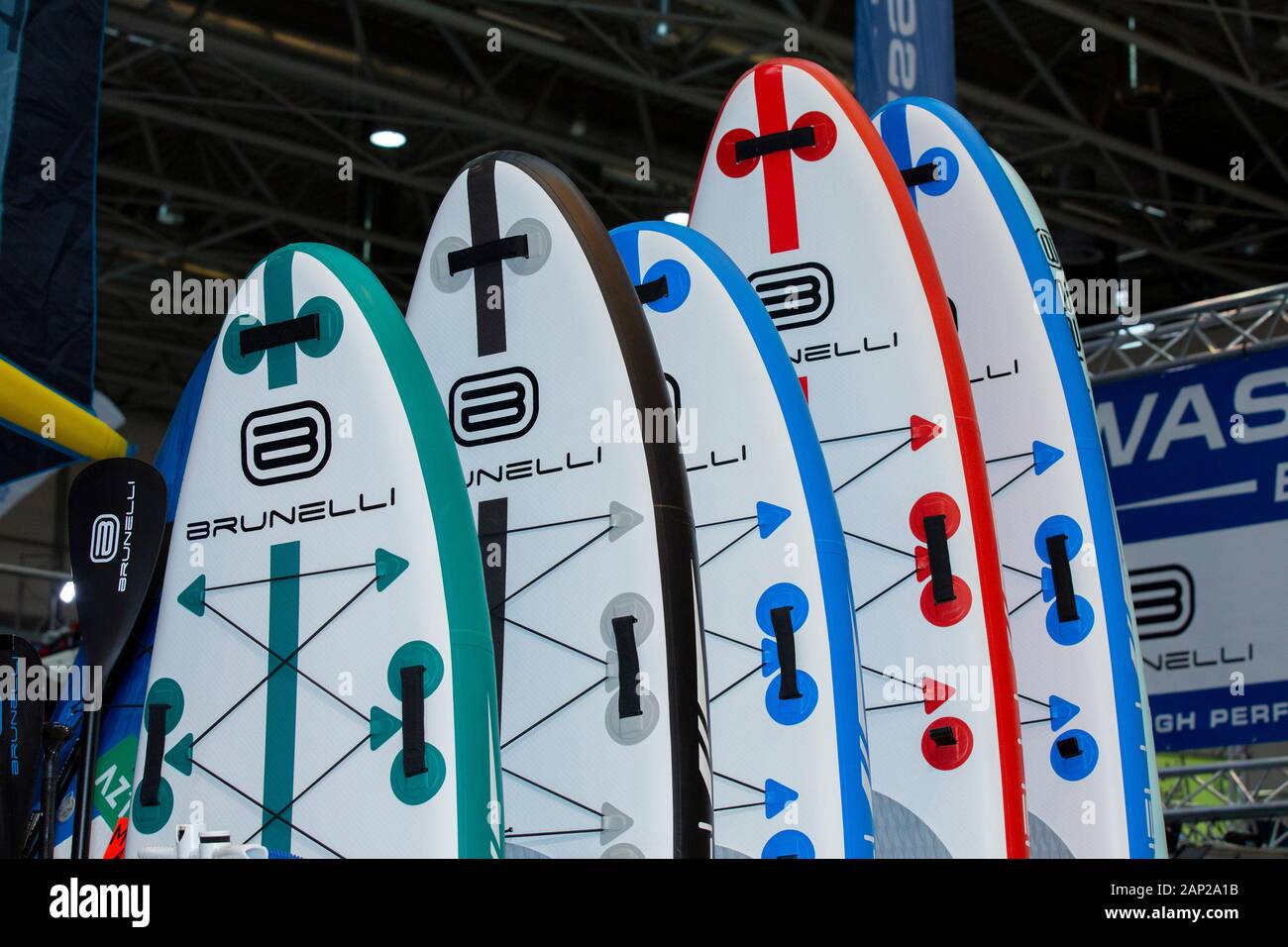 Surfbretter beim Presserundgang auf der 51. Boot Düsseldorf - Bootsmesse und Wassersportmesse in der Messe Düsseldorf. Düsseldorf, 17.01.2020 Foto Stock