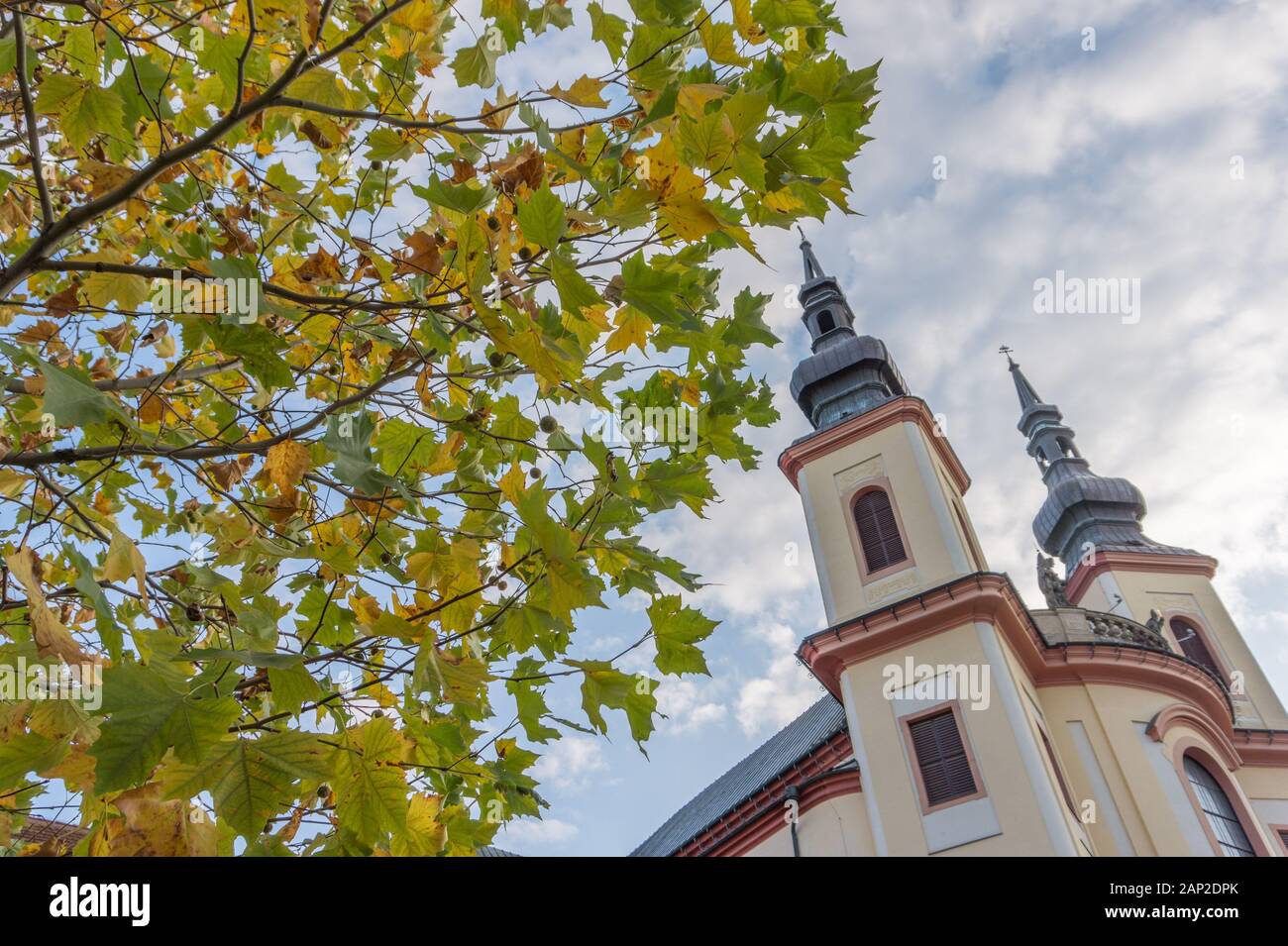 Bellissima scena della torre del castello di Litomysl con foglie di autunno in primo piano e il cielo blu con nuvole. Foto Stock