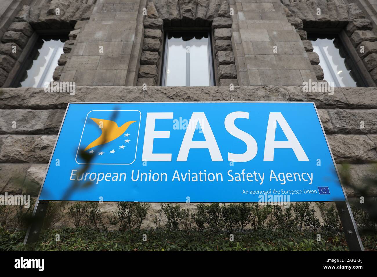 Il 20 gennaio 2020, nella Renania settentrionale-Vestfalia, Colonia: il segno della Unione europea Agenzia europea per la sicurezza aerea (EASA) EASA è l'Unione europea in materia di sicurezza aerea competente in materia di aviazione civile. Foto: Oliver Berg/dpa Foto Stock