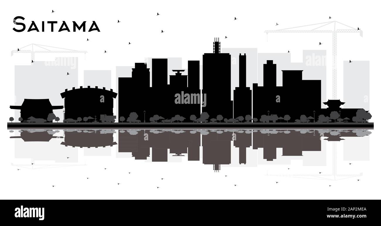 Saitama Japan City Skyline Silhouette Bianca E Nera Con Riflessi. Illustrazione Vettoriale. Semplice Concetto Di Appartamento Per La Presentazione Turistica, Placard. Illustrazione Vettoriale