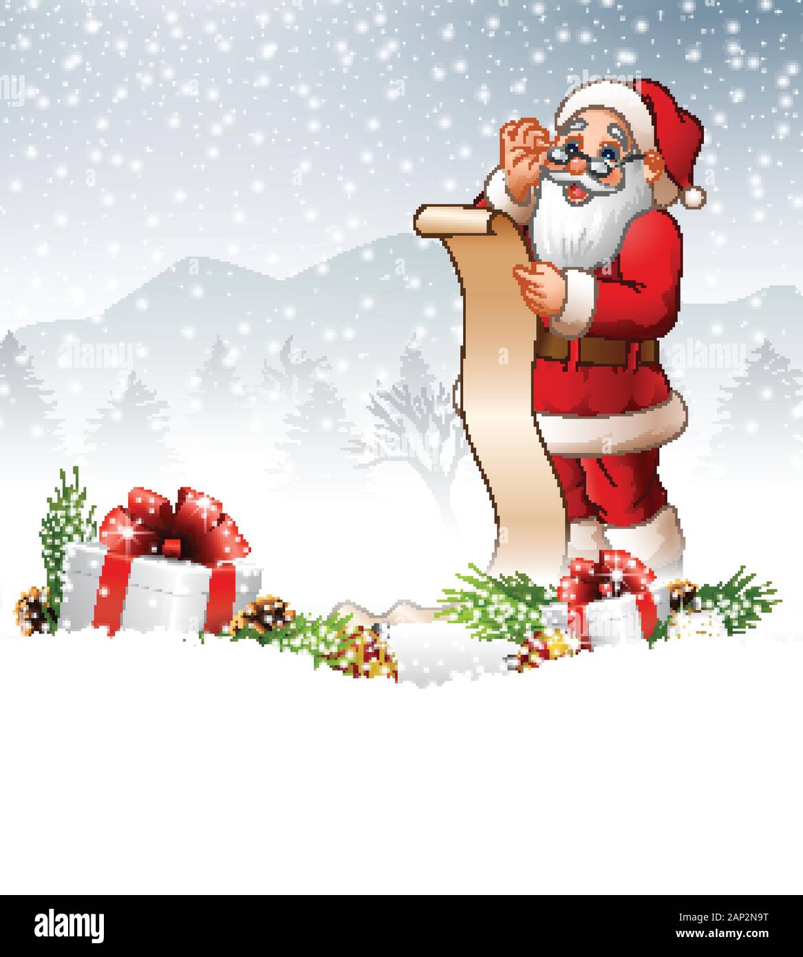 Babbo Natale che legge una lunga lista di regali Immagine e Vettoriale -  Alamy