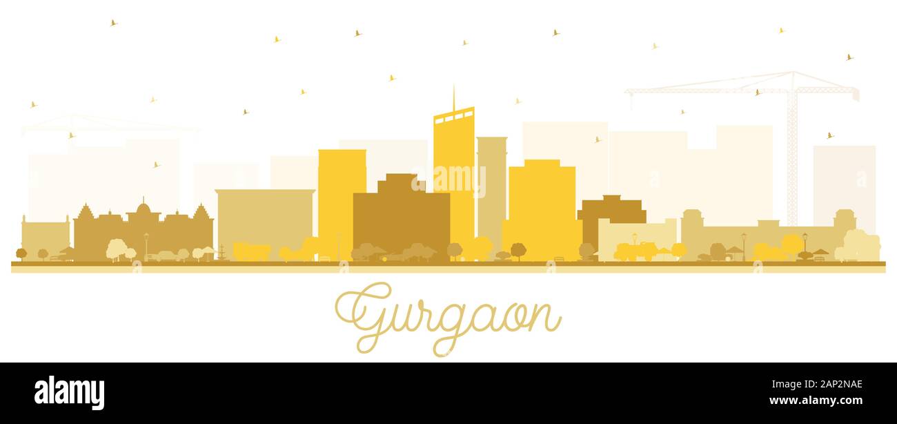 Gurgaon India City Skyline Silhouette Con Edifici D'Oro Isolato Su Bianco. Illustrazione Vettoriale. Illustrazione Vettoriale