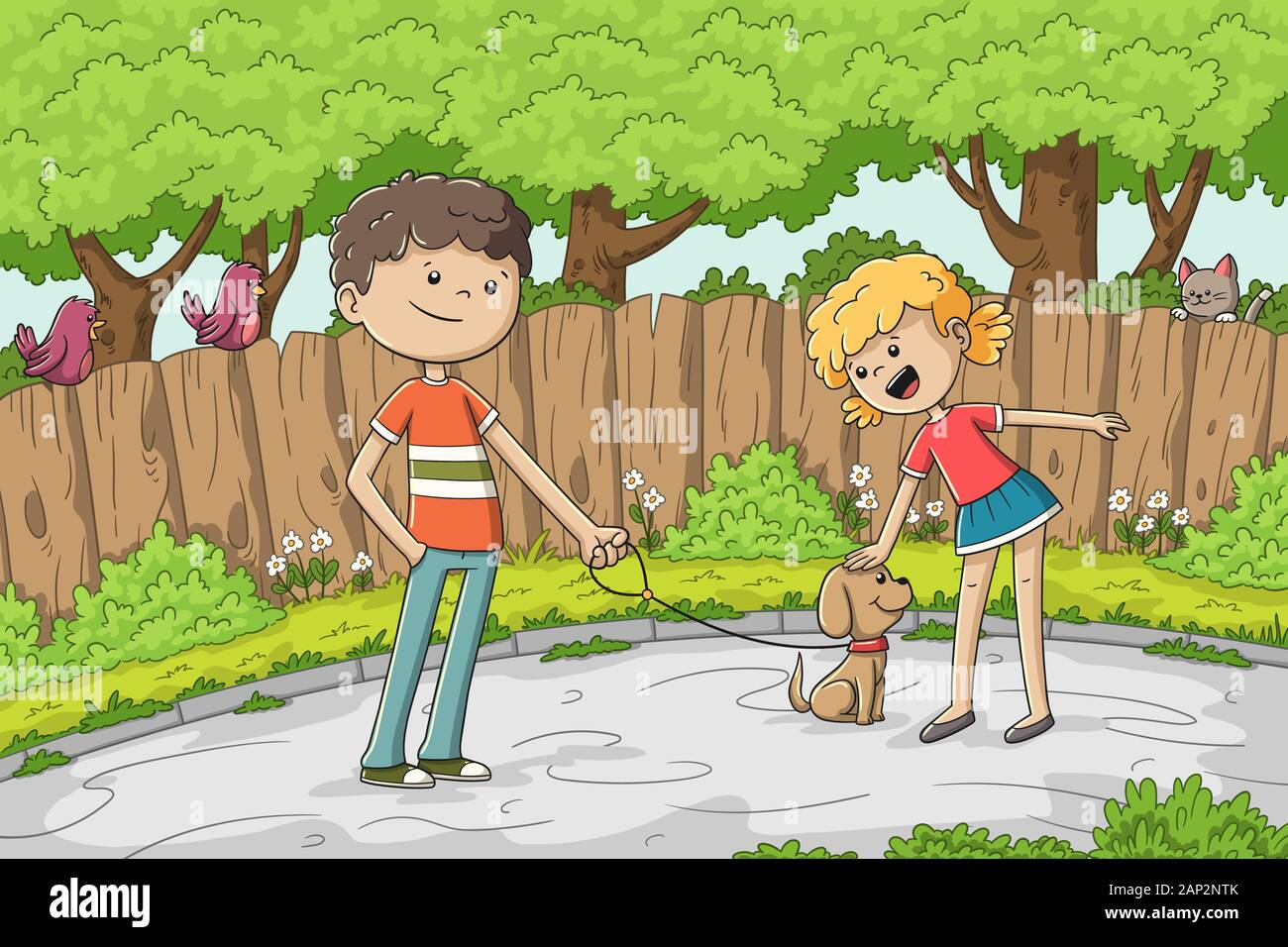 Un ragazzo e una ragazza con un cane in strada. Disegnata a mano illustrazione vettoriale con strati separati. Illustrazione Vettoriale