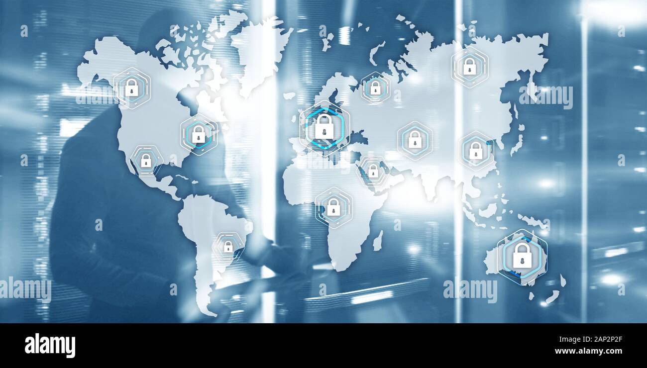 Global cyber security concetto di privacy di comunicazione server protezione dati sullo sfondo della camera Foto Stock