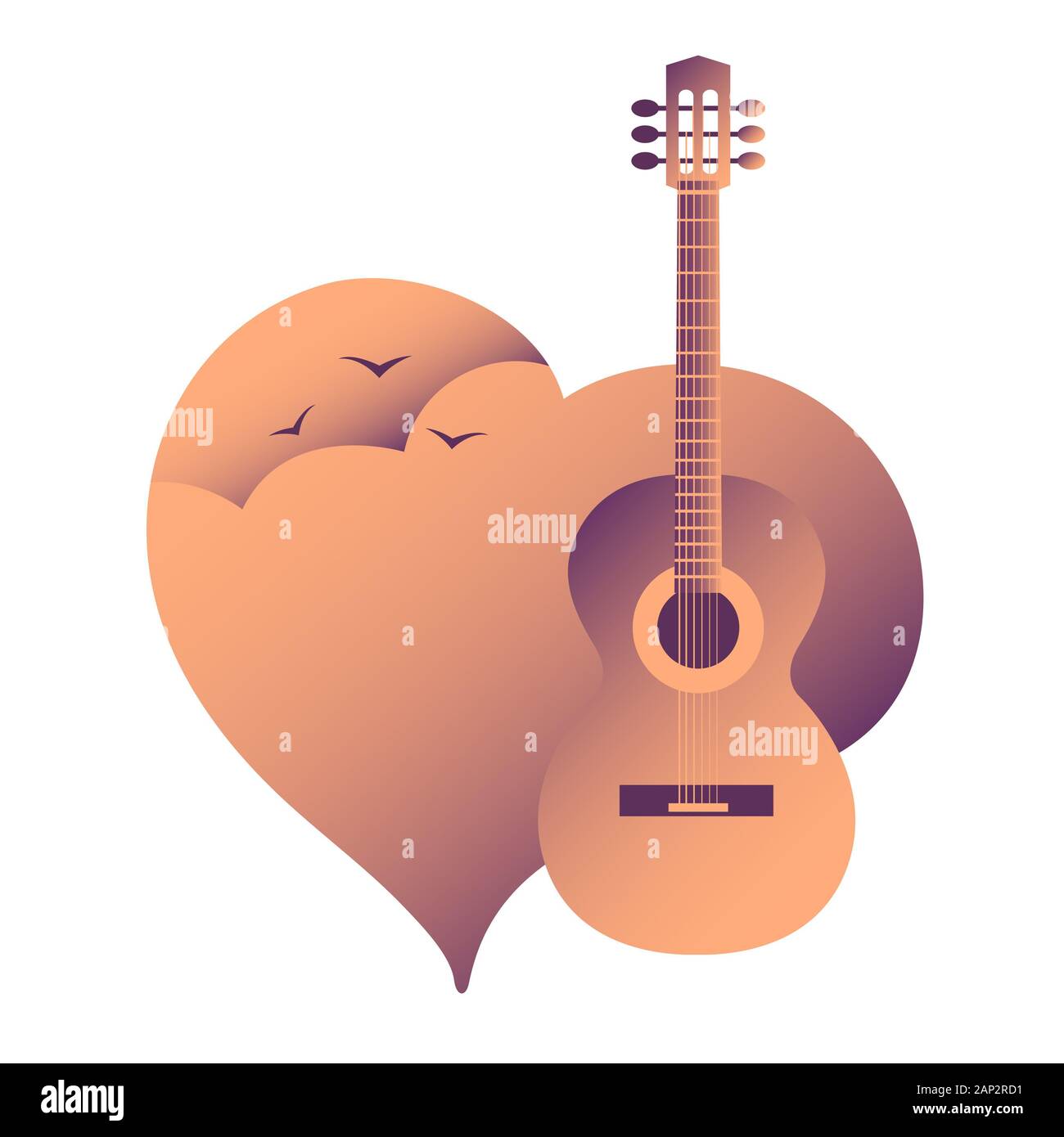 Chitarra su uno sfondo di un cuore con una nuvola e uccelli. Adatto per logo e design musicale. Illustrazione con isolamento vettoriale. Foto Stock