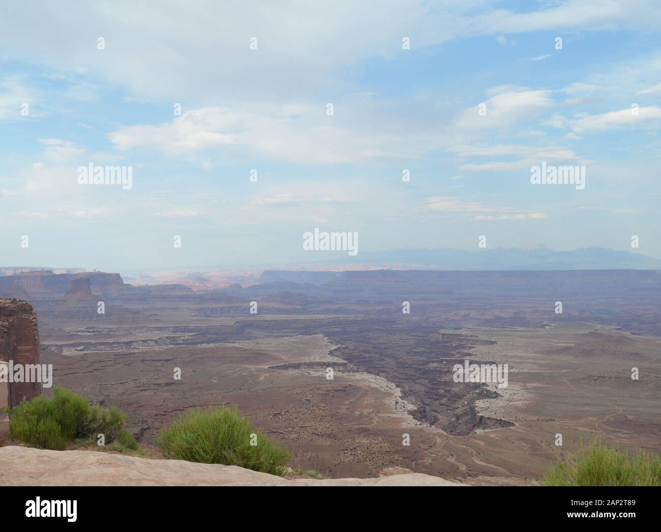 Estate nel Parco Nazionale delle Canyonlands: White Rim, Buck Canyon, fiume Colorado e la Sal Mountains Vista da Overlook nell'Isola nello Sky District Foto Stock