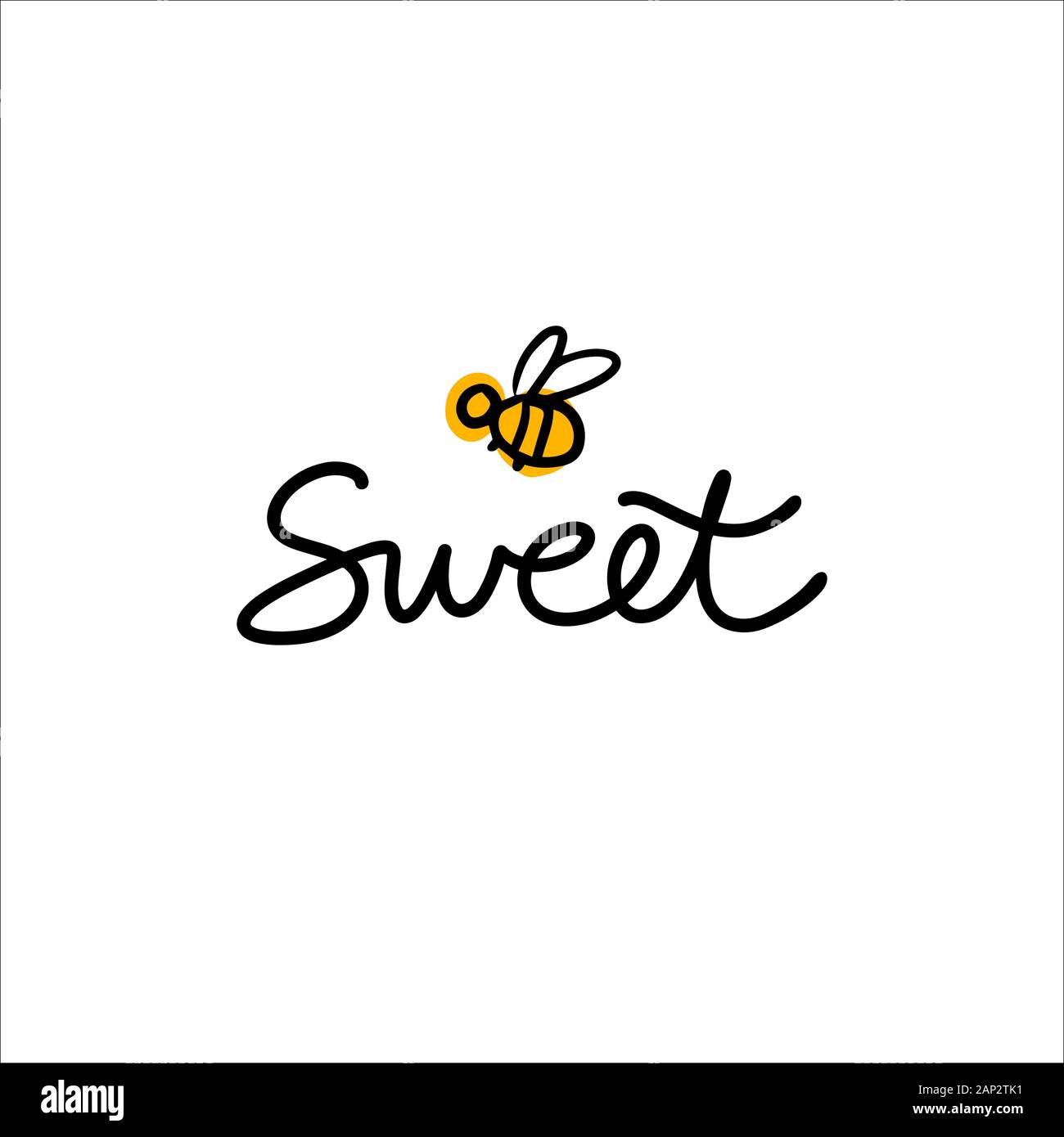Disegnato a mano dolce lettering con il cartoon bee. Concetto del logo per il miele shop, panetteria, pasticceria Illustrazione Vettoriale
