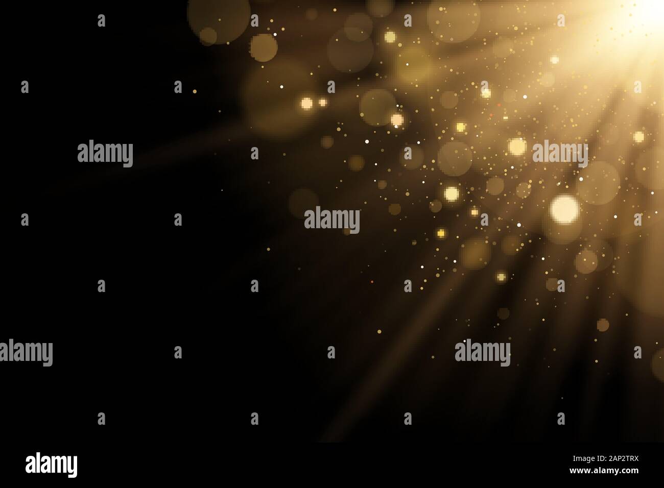 Golden flash di luce con riflessi bokeh con brillantini su uno sfondo nero. I raggi di luce. Illustrazione Vettoriale. EPS 10 Illustrazione Vettoriale