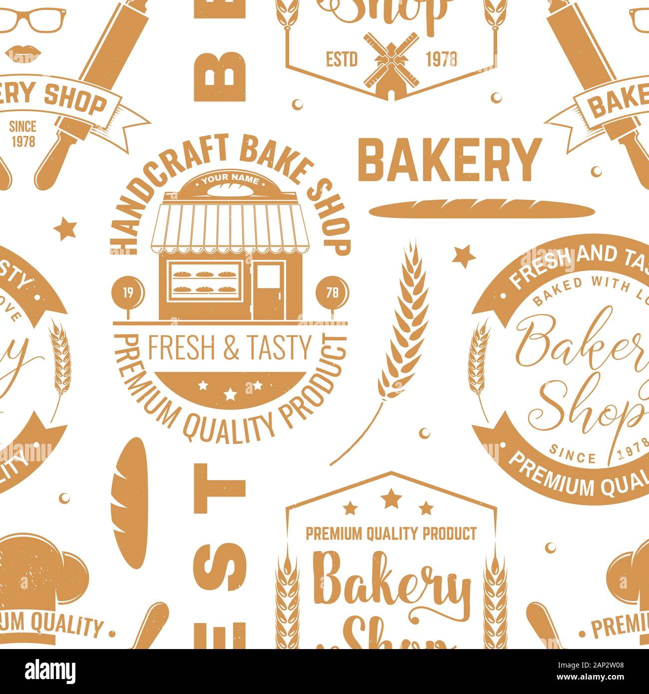 Bakery Shop seamless pattern o sfondo. Illustrazione Vettoriale. Seamless pattern da forno con un mattarello, bakehouse, spighe di grano silhouette. Bakery Shop texture. Illustrazione Vettoriale