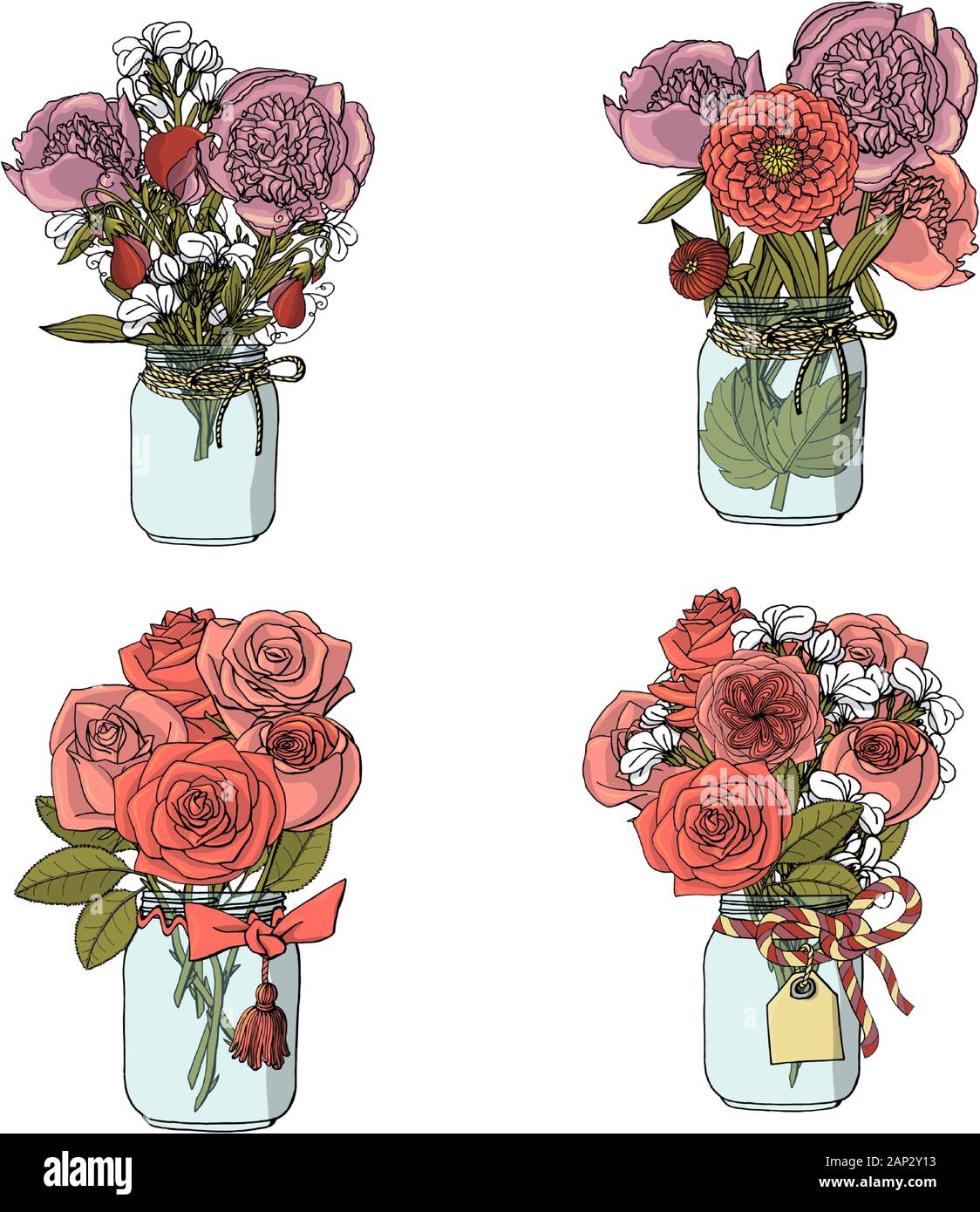 Disegnato a mano stile doodle mazzi di fiori diversi: rose, peonia, stock fiore, pisello dolce. isolato su sfondo bianco. vettore Illustrazione Vettoriale