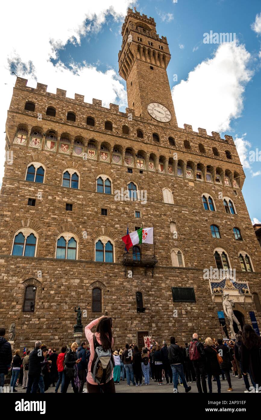 Municipio medievale Palazzo Vecchio (Palazzo della Signoria) un fortificato, 13th-palazzo del XIX secolo in Piazza,Firenze Toscana Italia Foto Stock