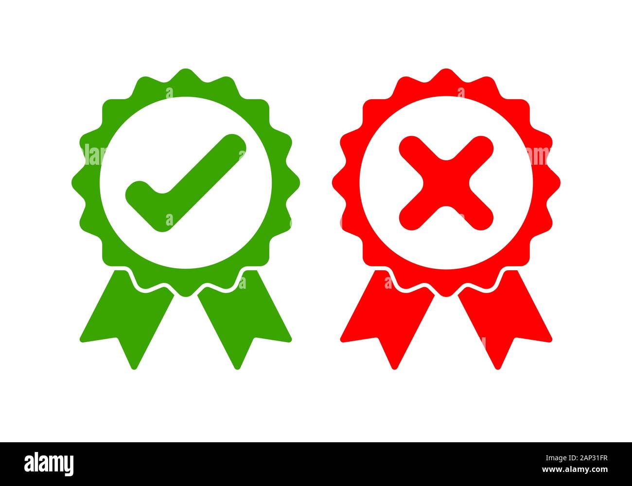 Approvato verde e rosso ha respinto le icone. Segno di spunta e segno incrociato su sfondo bianco. Illustrazione Vettoriale. Illustrazione Vettoriale