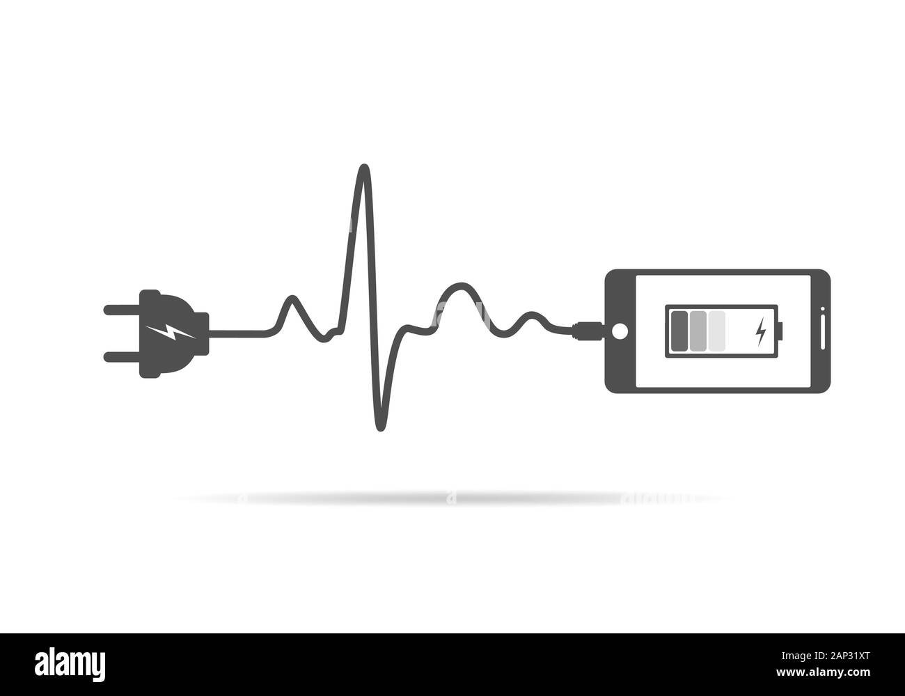 La ricarica dello smartphone collegare alla presa di alimentazione. La ricarica di un telefono cellulare con un cavo di forma del battito cardiaco. Illustrazione Vettoriale. Illustrazione Vettoriale