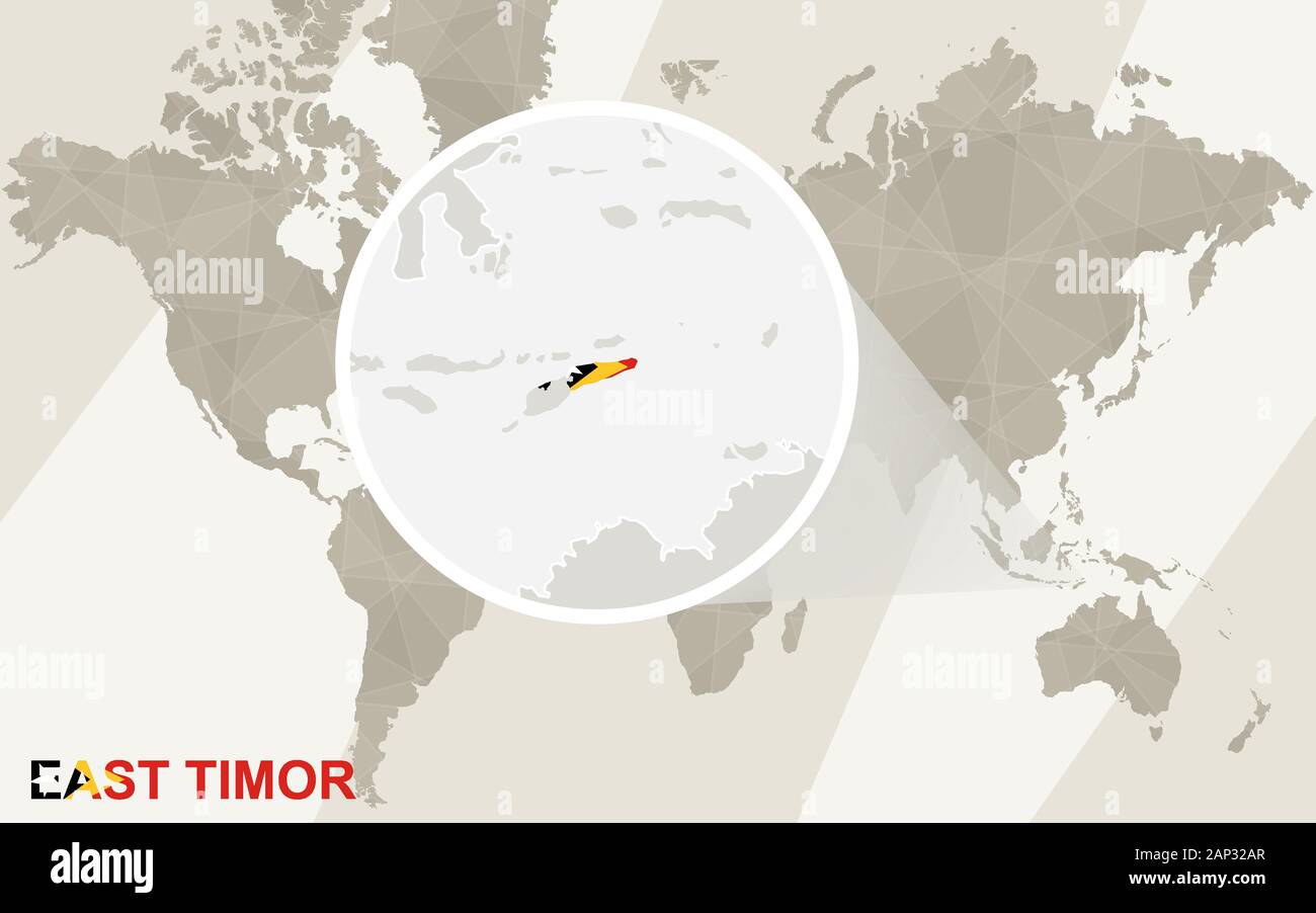 Zoom su Timor Est mappa e bandiera. Mappa del mondo. Illustrazione Vettoriale