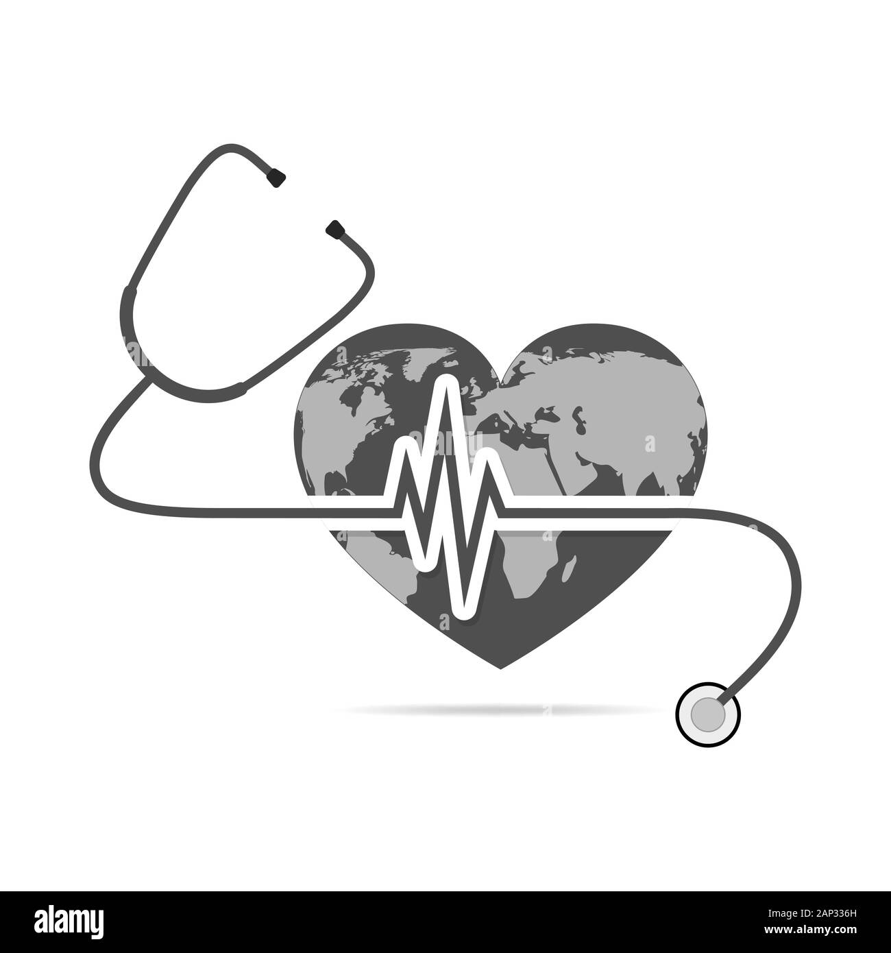 Giornata mondiale della sanità. Illustrazione Vettoriale. Globo a forma di cuore con lo stetoscopio e segno di heartbeat su sfondo bianco. Illustrazione Vettoriale