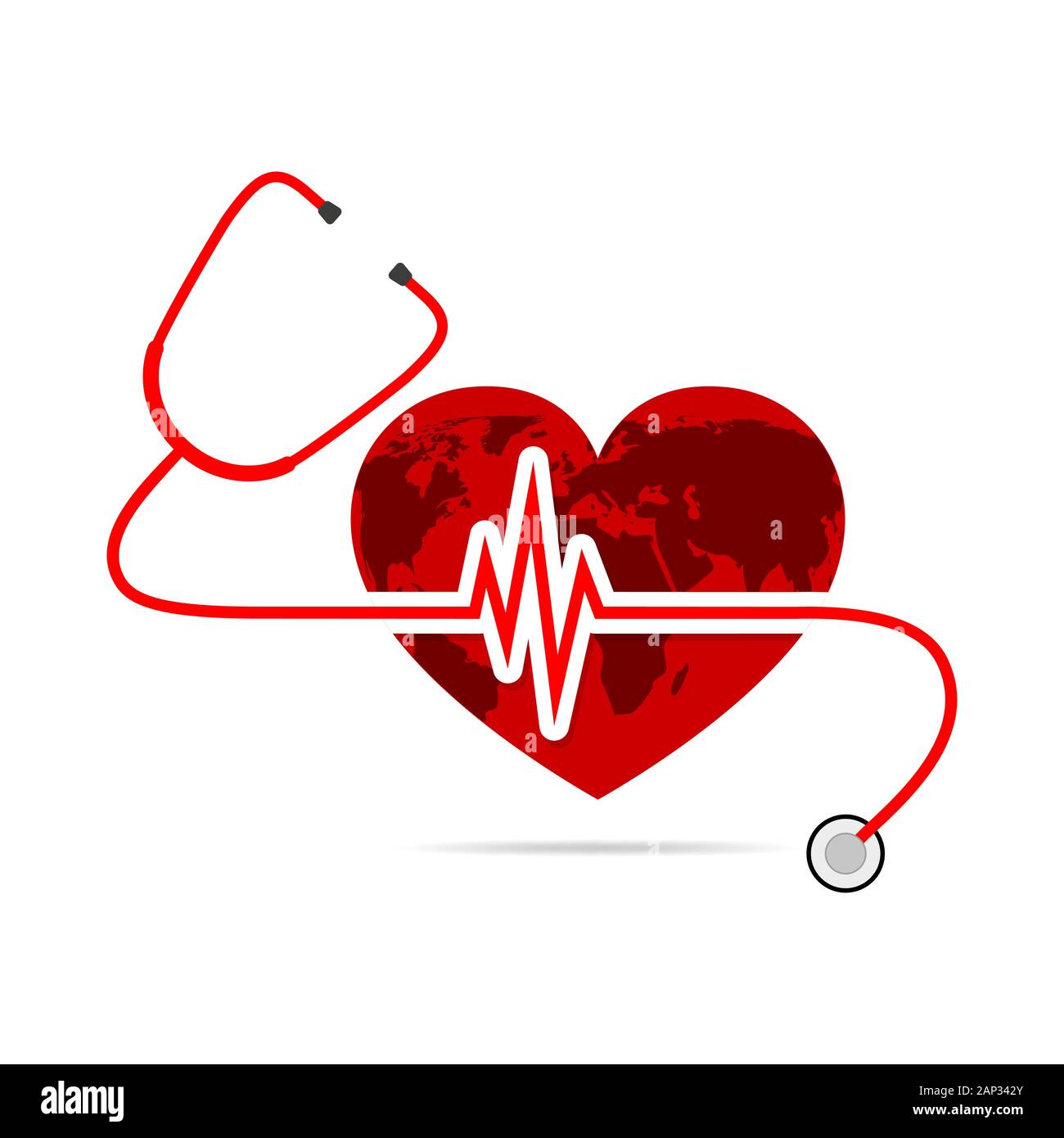 Giornata mondiale della sanità. Illustrazione Vettoriale. Globo a forma di cuore con lo stetoscopio e segno di heartbeat su sfondo bianco. Illustrazione Vettoriale