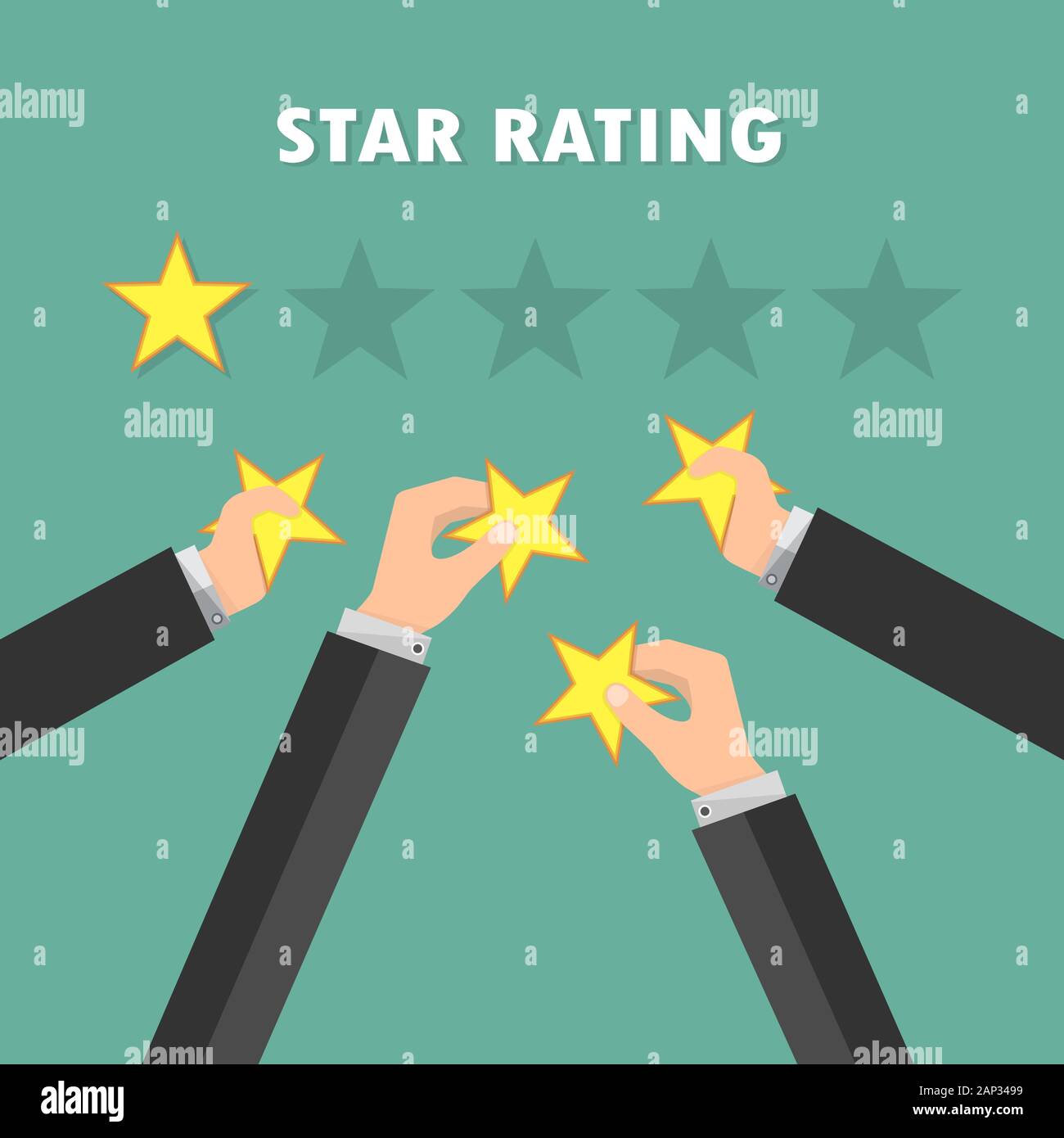 Classificazione a stelle e imprenditore dando mano star. Dando rating stelle. Avendo il feedback e la qualità. Illustrazione Vettoriale. Illustrazione Vettoriale