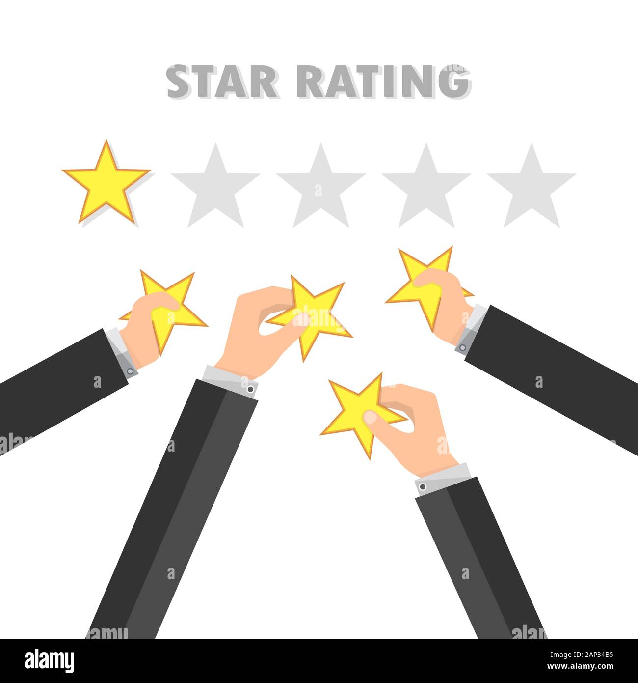 Classificazione a stelle e imprenditore dando mano star. Dando rating stelle. Avendo il feedback e la qualità. Illustrazione Vettoriale. Illustrazione Vettoriale