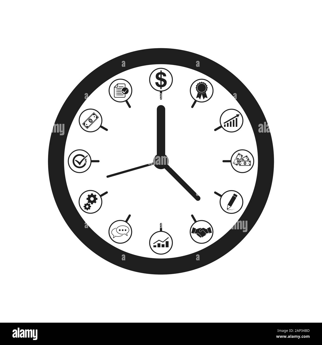 Icona di un orologio in design piatto. Illustrazione Vettoriale. Orologio nero con business simboli al posto di numeri isolati su sfondo chiaro. Illustrazione Vettoriale