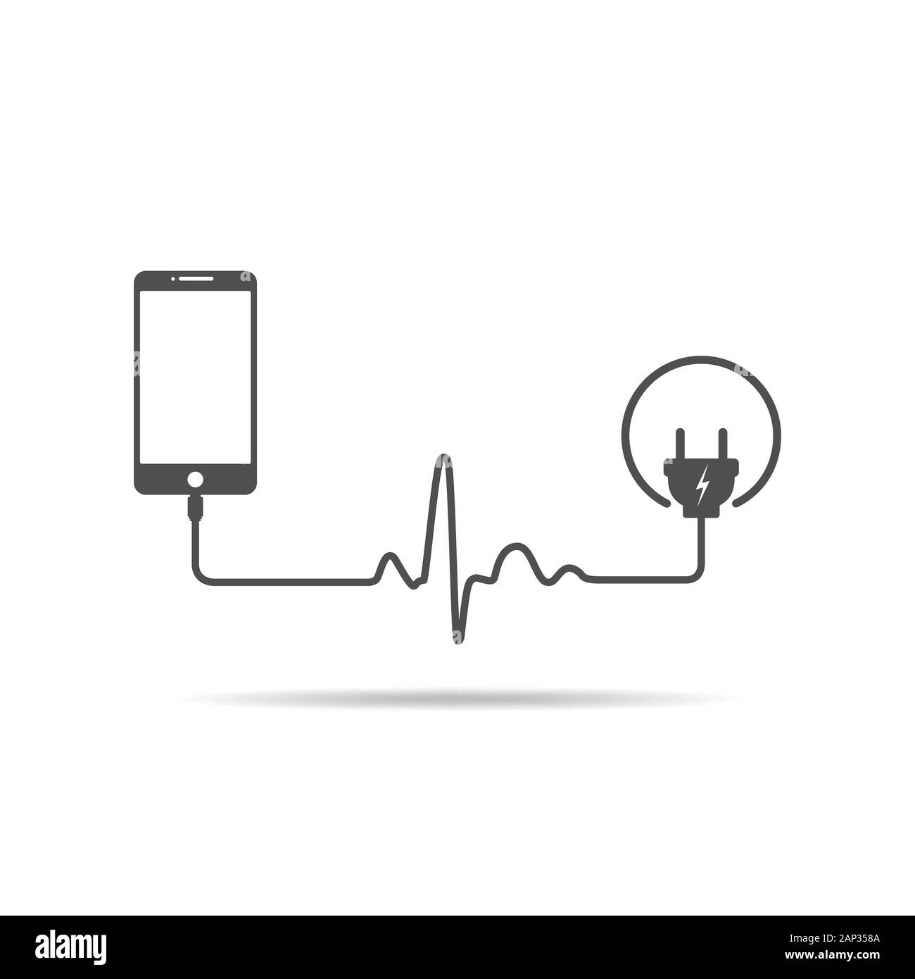 La ricarica dello smartphone collegare alla presa di alimentazione. La ricarica di un telefono cellulare con un cavo di forma del battito cardiaco. Illustrazione Vettoriale. Illustrazione Vettoriale