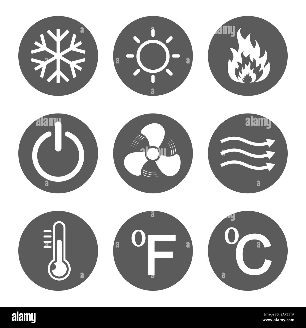 Set di icone di condizionamento. Illustrazione Vettoriale. Caldo e freddo, aria, potenza, temperatura. Illustrazione Vettoriale