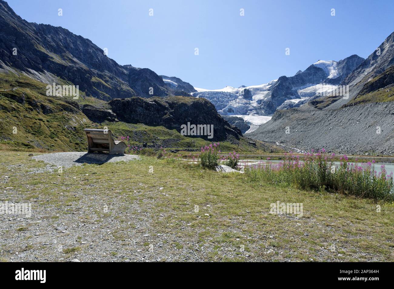Vista sul ghiacciaio Moiry al Lac de Châteaupré, Val de Moiry, Grimentz, Val d'Anniviers, Vallese, Svizzera Foto Stock